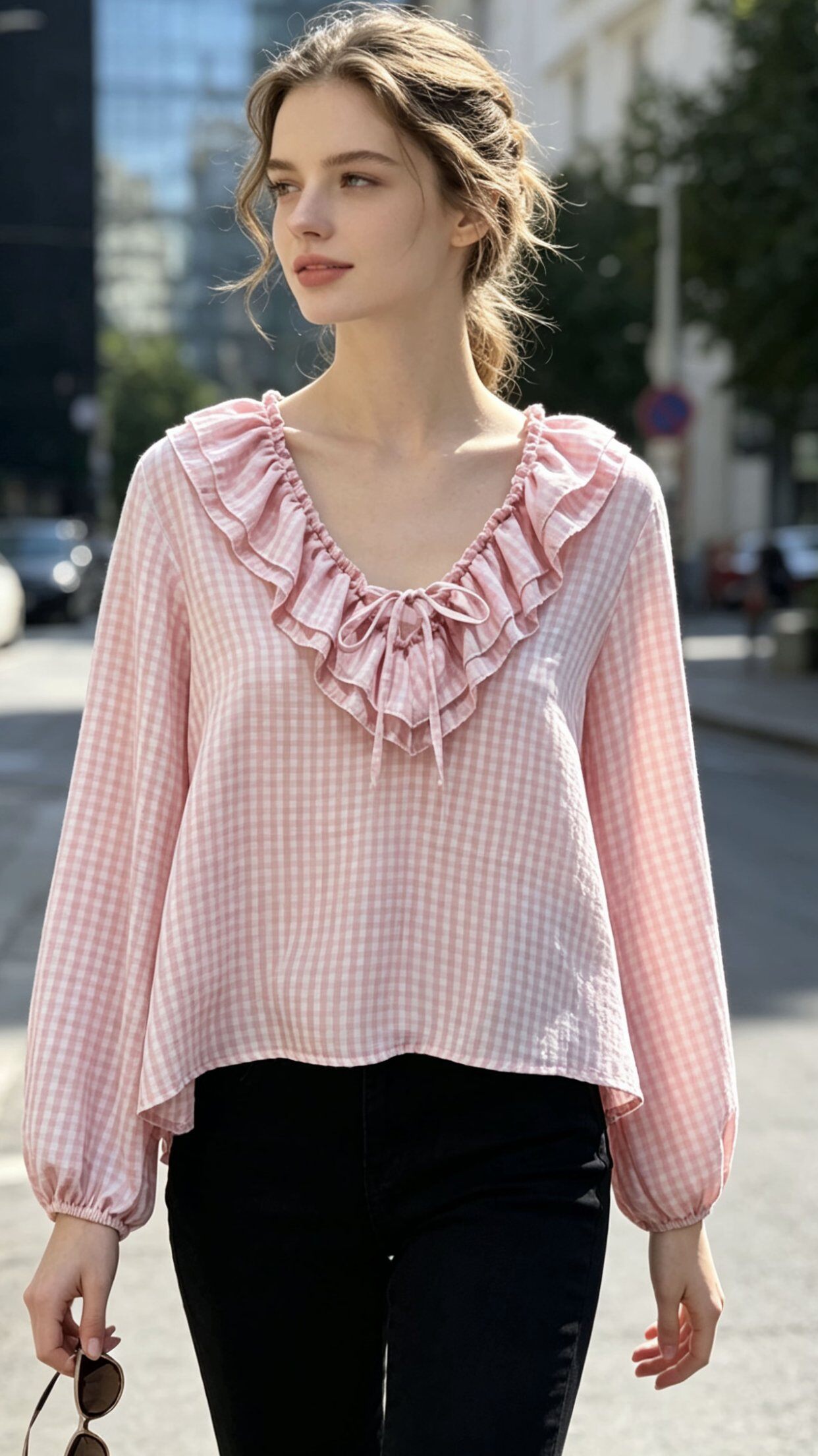 Wholesaler Saeni - Oversized checkered vichy shirt with V-neck and double ruffle, puff sleeves.
