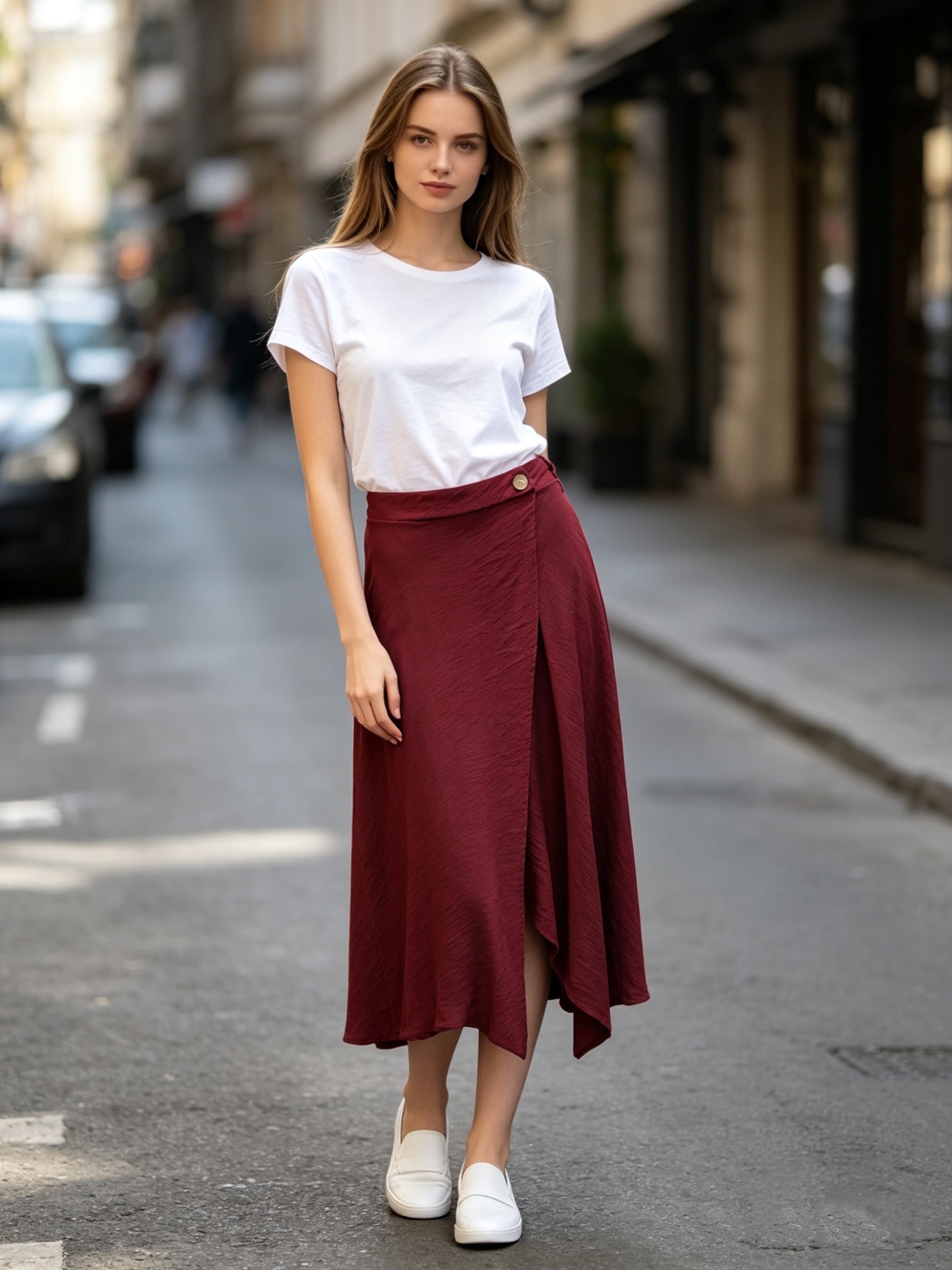 Wholesaler Saeni - Wrap skirt, long high-waisted model, with side button and asymmetrical hem.