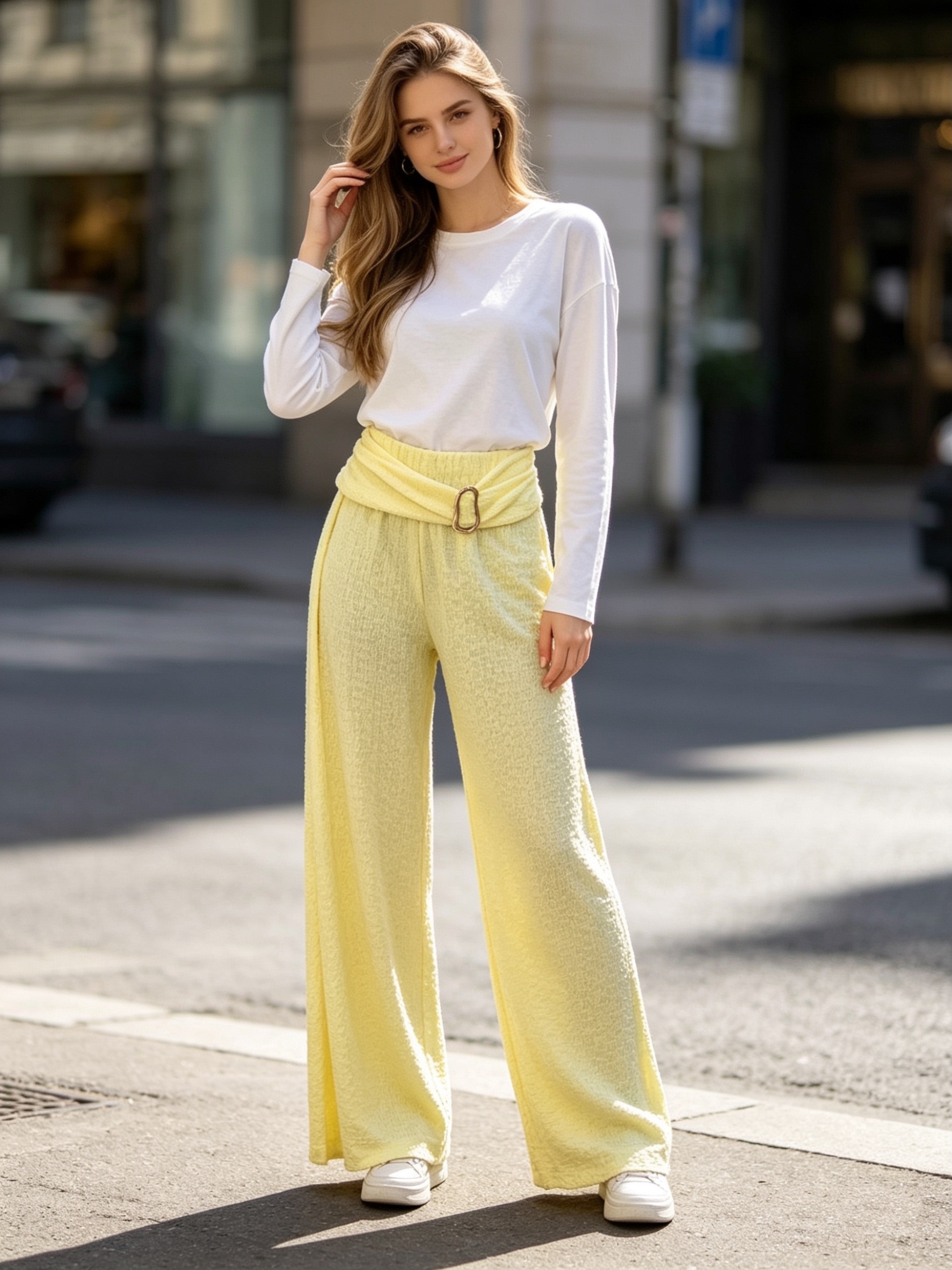 Wholesaler Saeni - Palazzo pants, with textured fabric, wrap-around waist, and detail with a golden metal buckle.