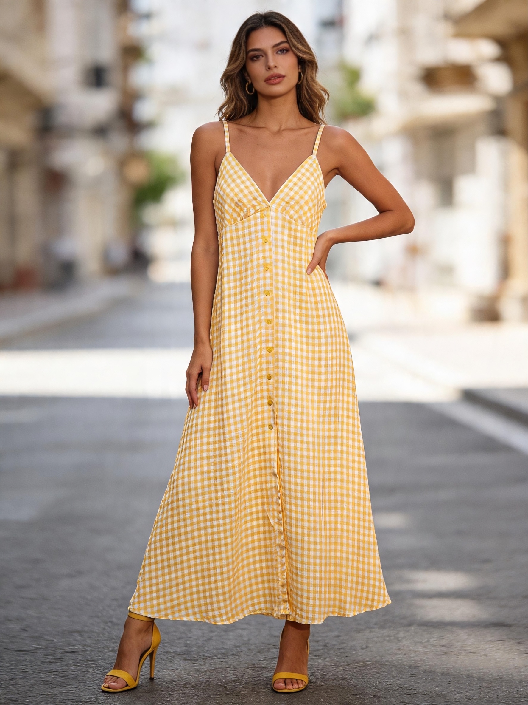 Mayorista Saeni - Vestido con tirantes finos, escote en V y una fila de botones en la parte delantera