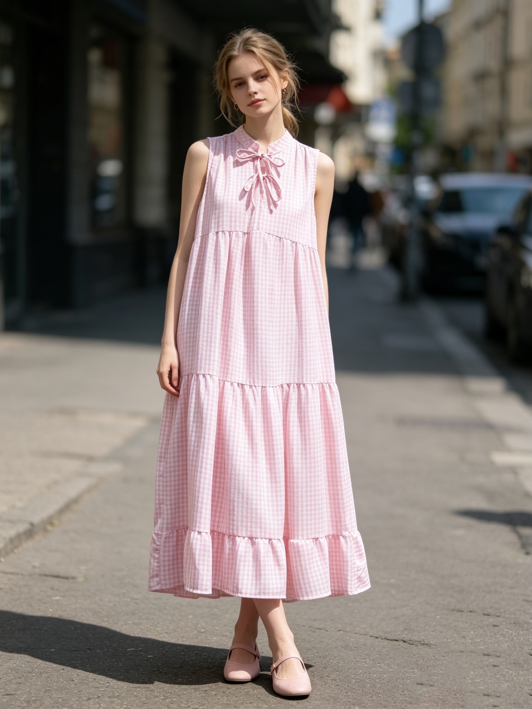 Wholesaler Saeni - Sleeveless dress with a mandarin collar and ribbons, tiered cut down to the calf.