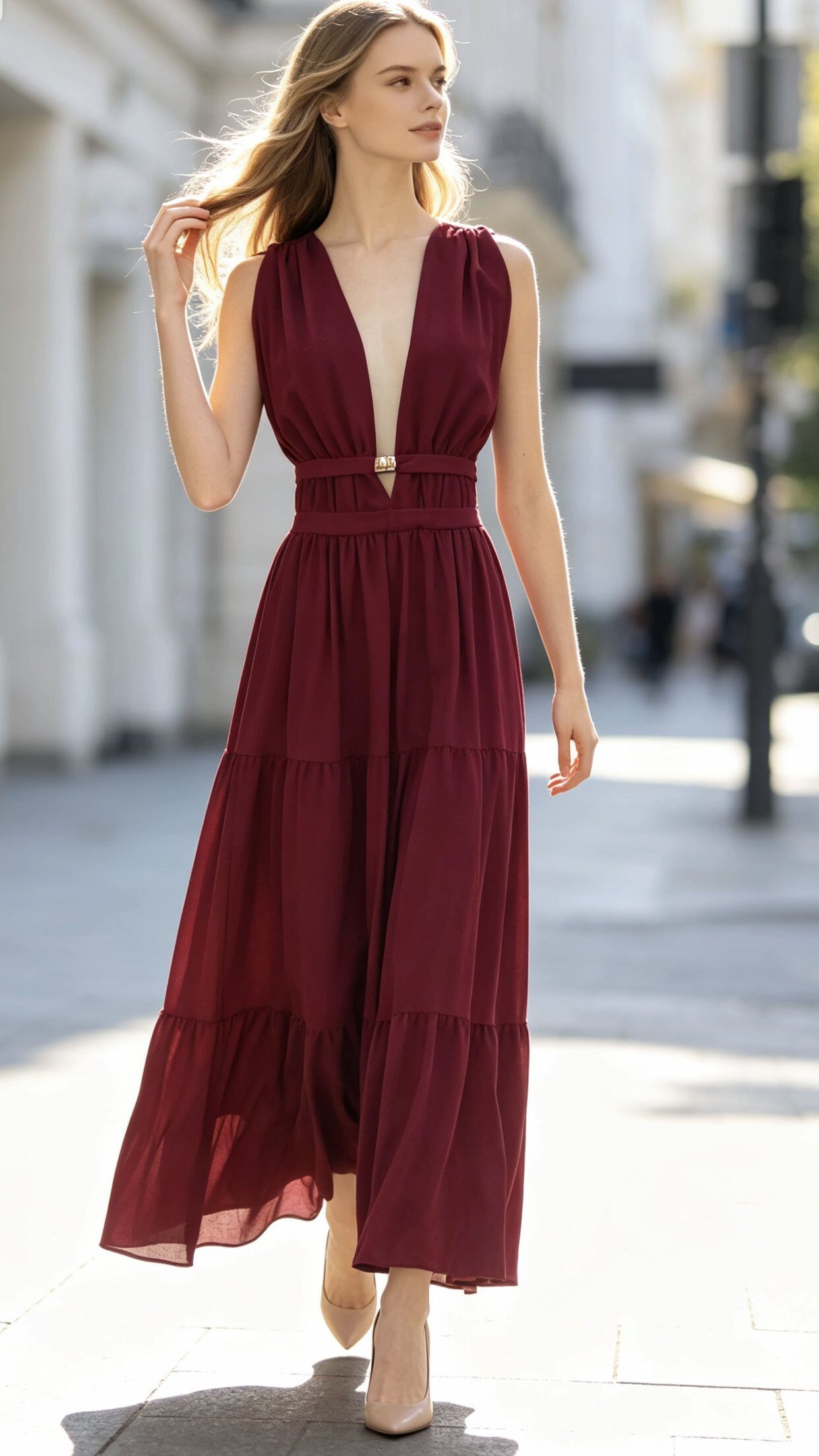 Wholesaler Saeni - Sleeveless long dress with a deep V-neck, fluid and elegant, layered midi perfect for summer.