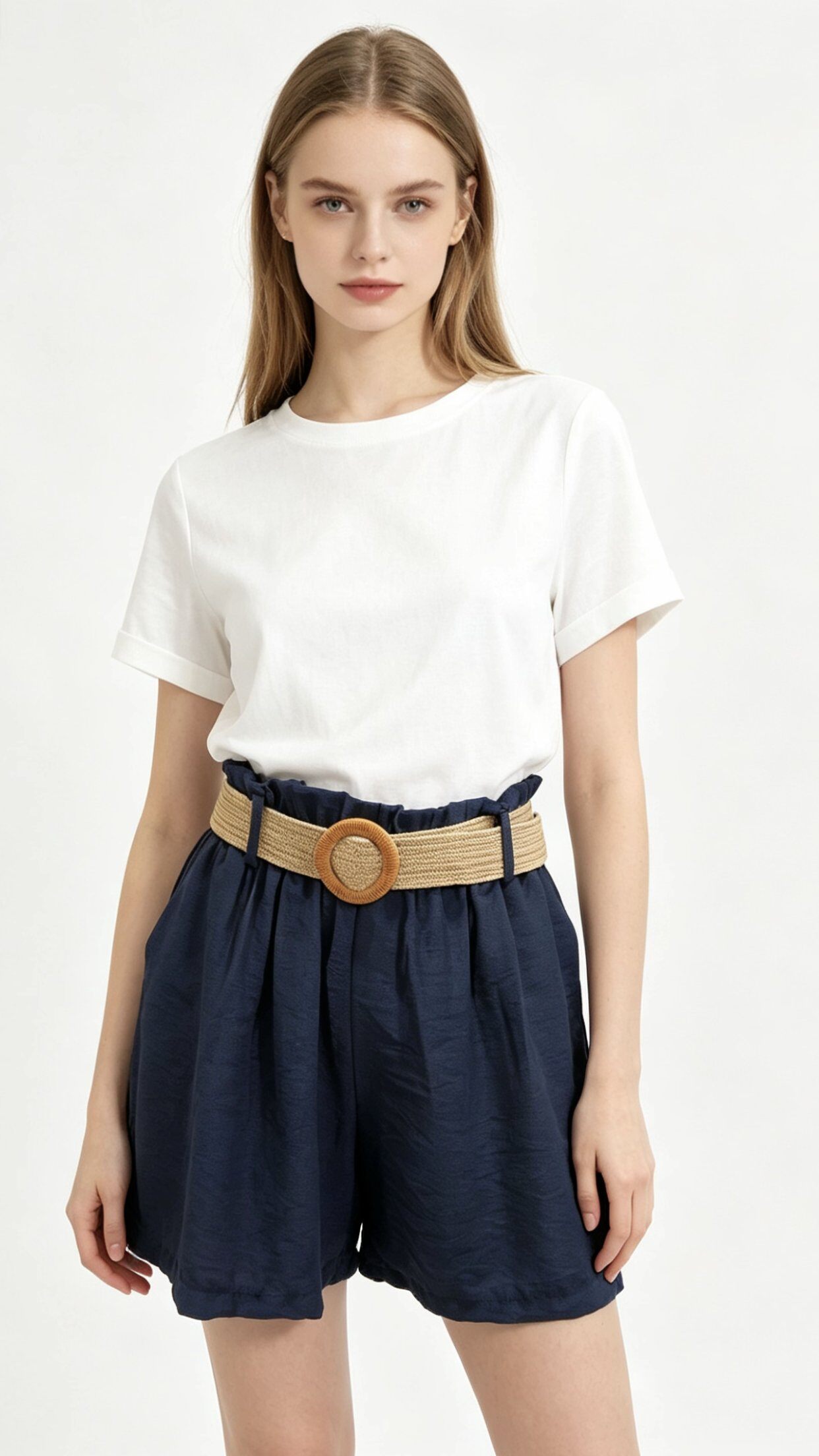 Wholesaler Saeni - They feature a high waist with ruffled trim and a coordinated raffia belt with a round buckle, defining the waist with style.