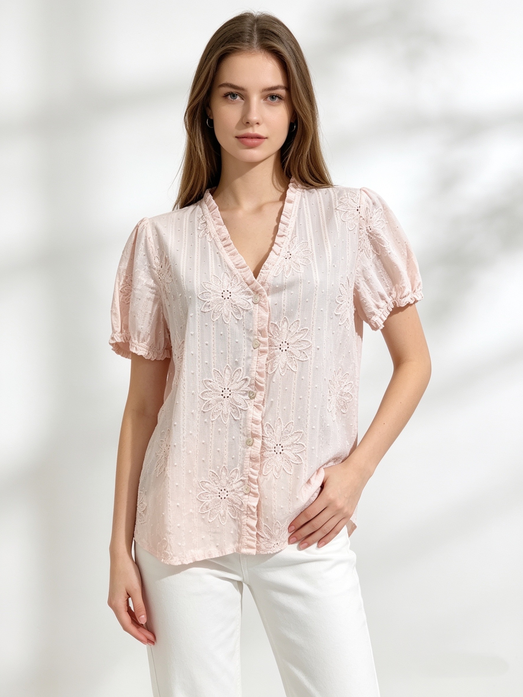 Mayorista Saeni - Blusa rosa pálido, con escote en V, mangas abullonadas y bordados florales calados.