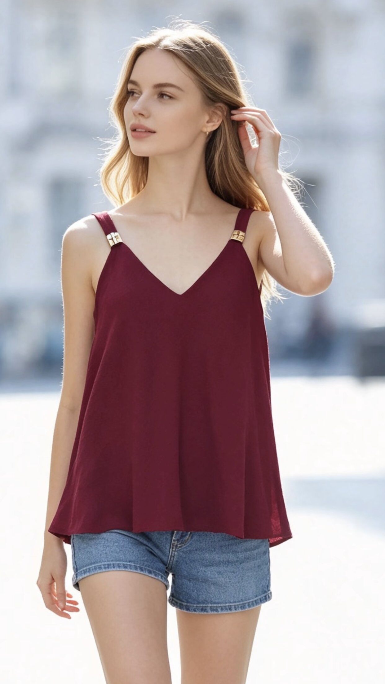 Wholesaler Saeni - Features an elegant V-neckline and straps adorned with golden metal buckles.