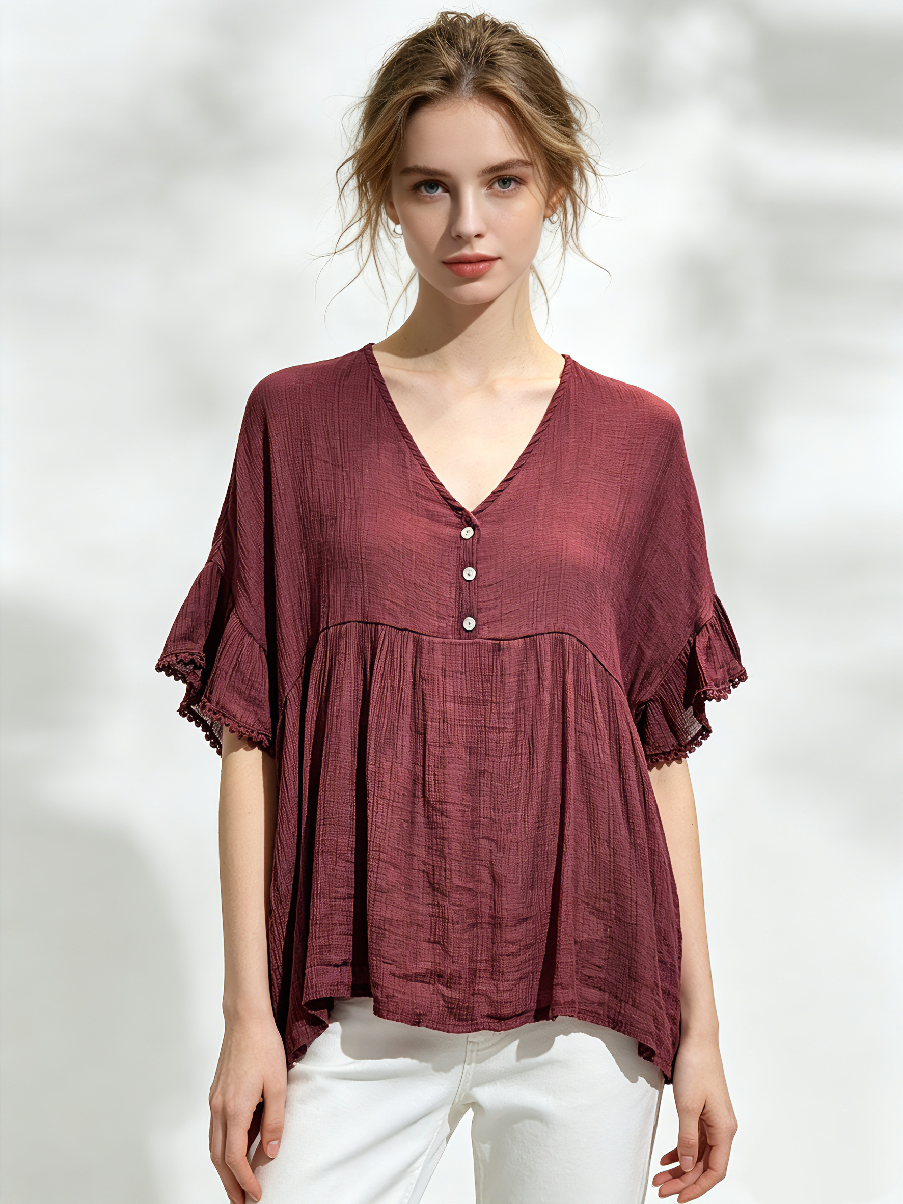 Mayorista Saeni - Blusa con cuello en V, botones de akoya y mangas con volantes