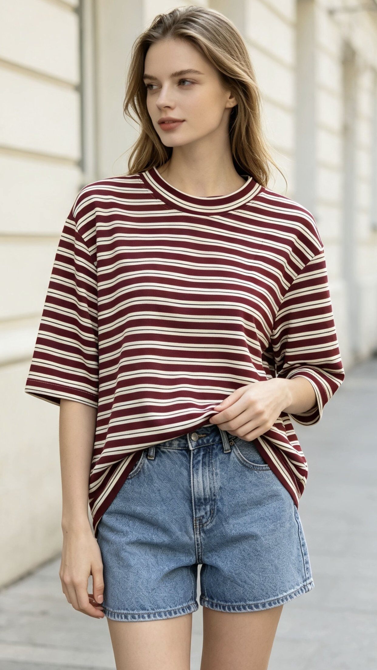 Wholesaler Saeni - Crew neck sweater with horizontal stripes, comfortable oversized fit.