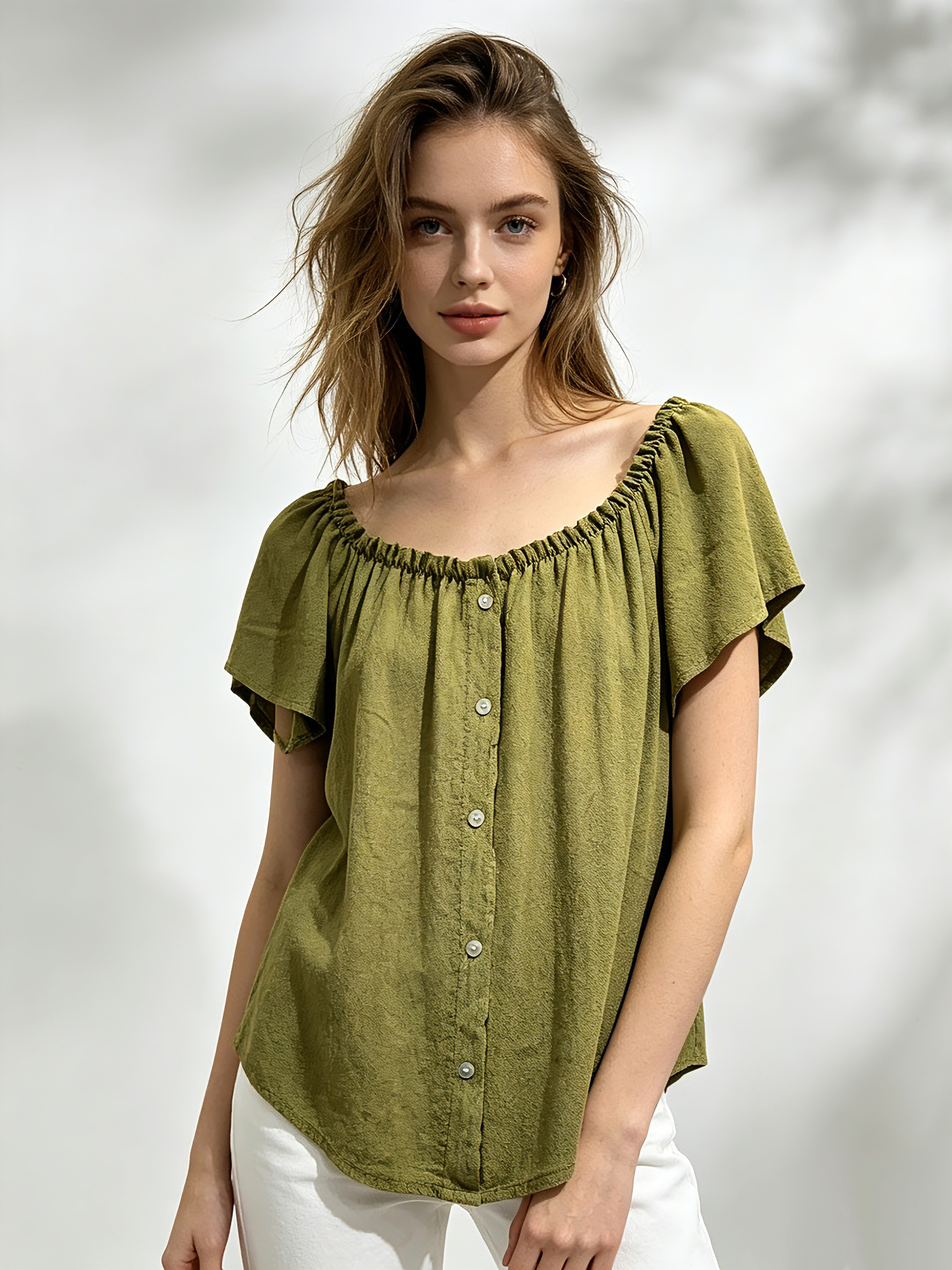 Mayorista Saeni - Blusa de manga corta tipo mariposa con botones de nácar akoya