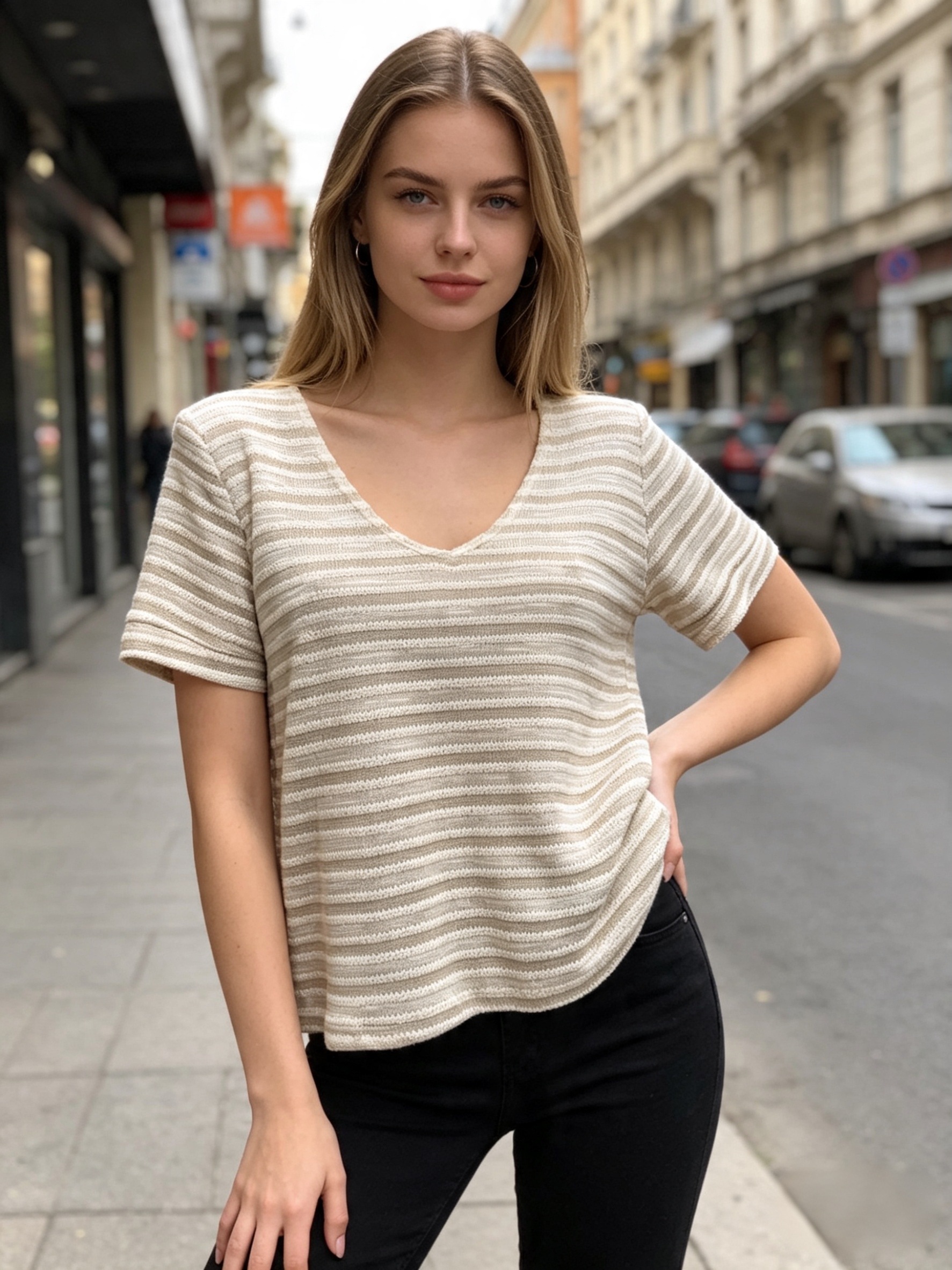 Wholesaler Saeni - Striped sweater, V-neck, short sleeves, lightweight and textured fabric.