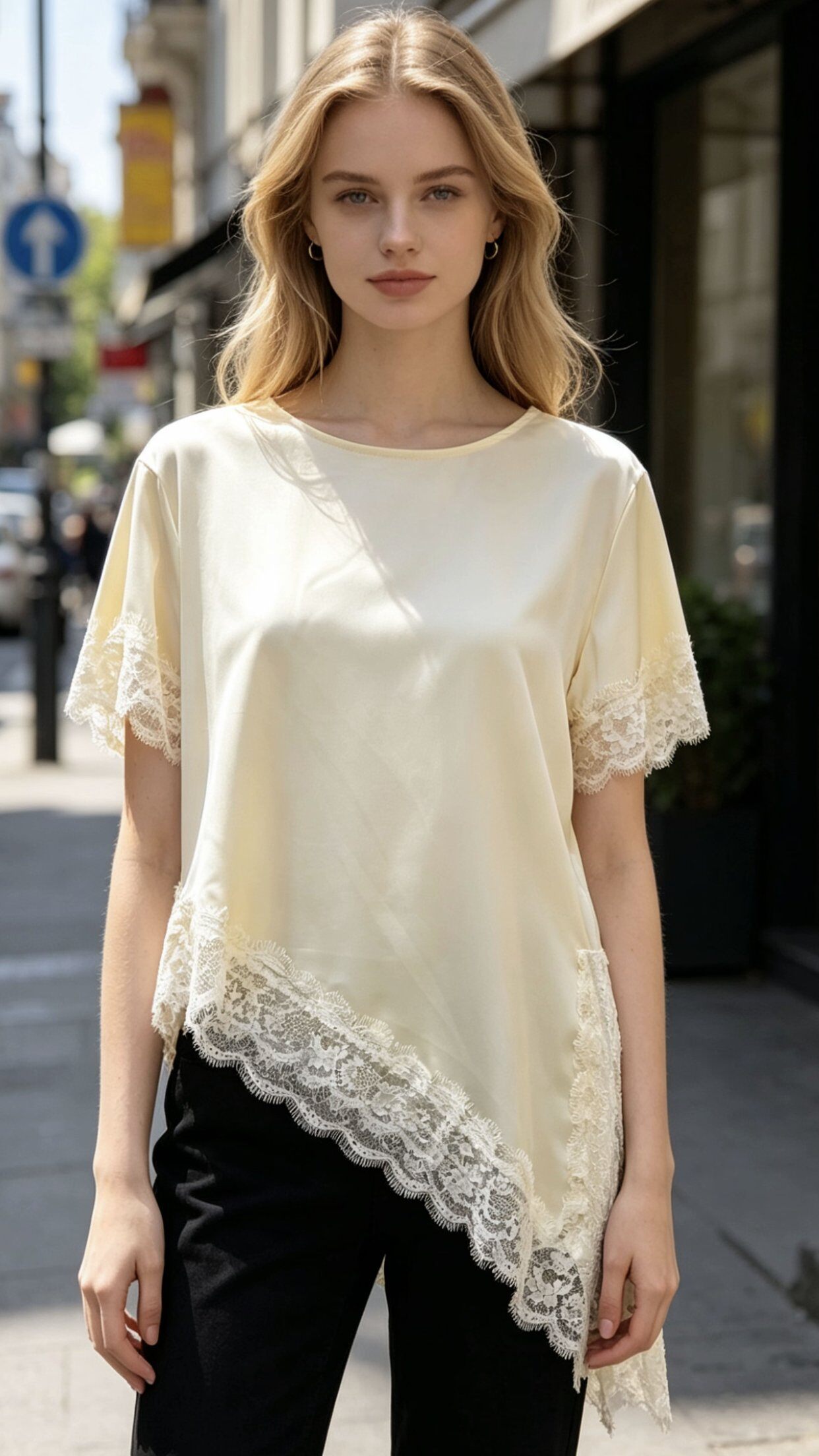 Wholesaler Saeni - Fluid blouse in shiny satin fabric. Short sleeves and lower hem adorned with delicate lace inserts. Simple round neckline.