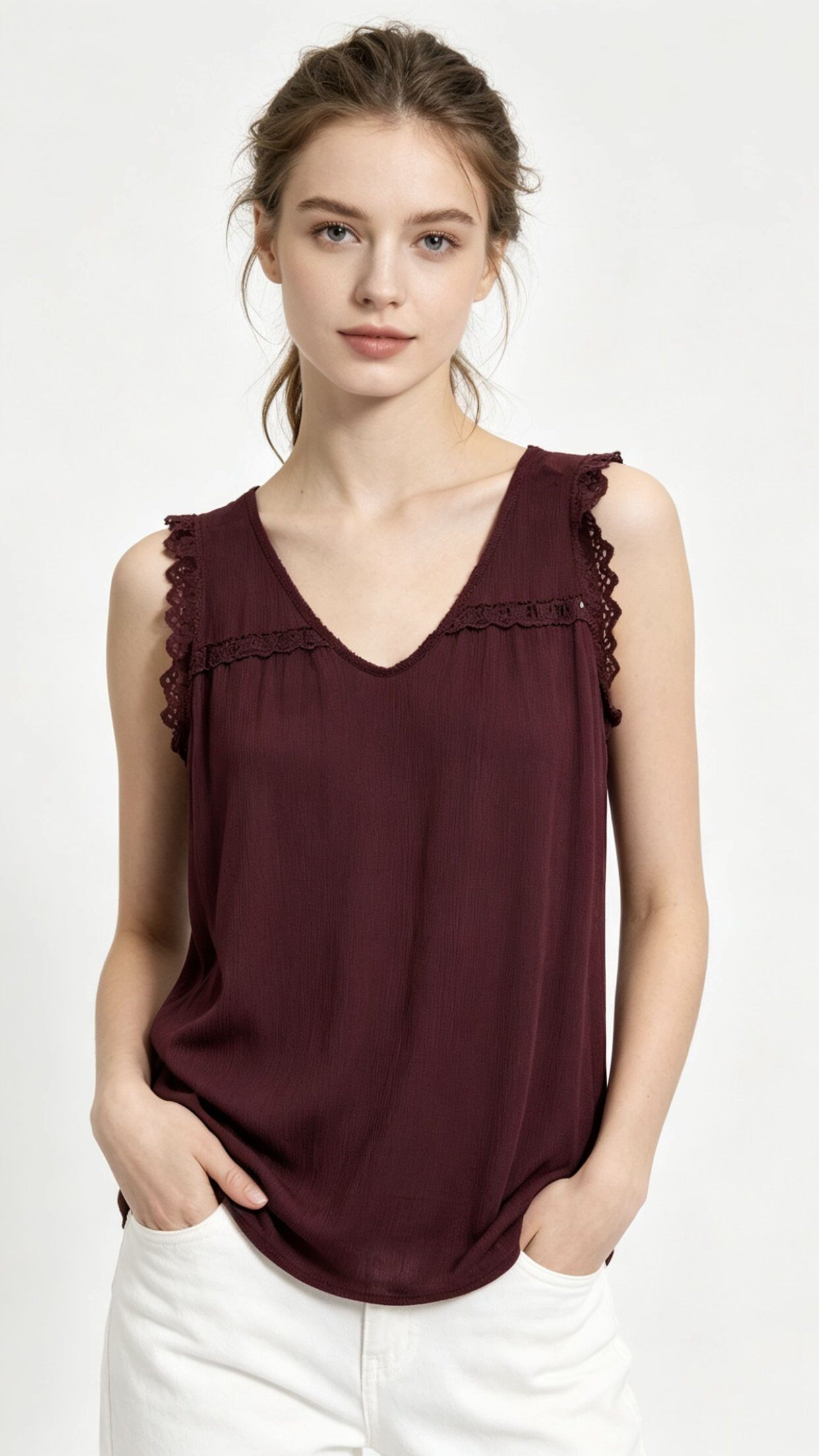 Wholesaler Saeni - V-neckline with delicate lace inserts on the shoulders and along the bodice, adding a romantic and feminine touch.