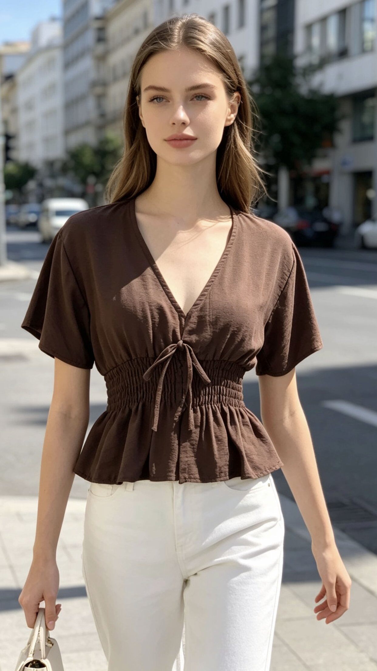 Wholesaler Saeni - V-neck blouse with soft short sleeves. The waistband is crafted with elastic smocking.