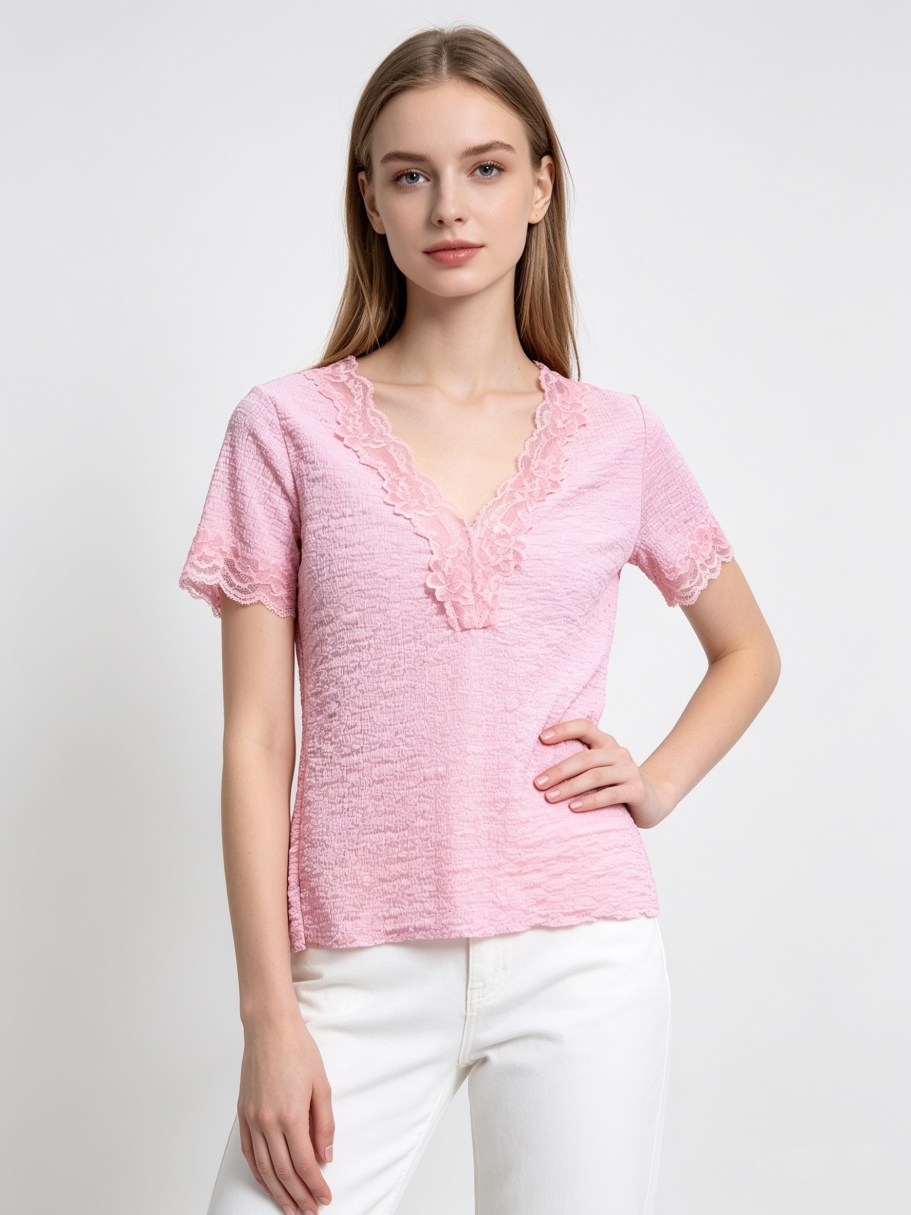 Wholesaler Saeni - Deep V-neckline finely finished with floral lace. The sleeve hems are also adorned with the same lace detail.