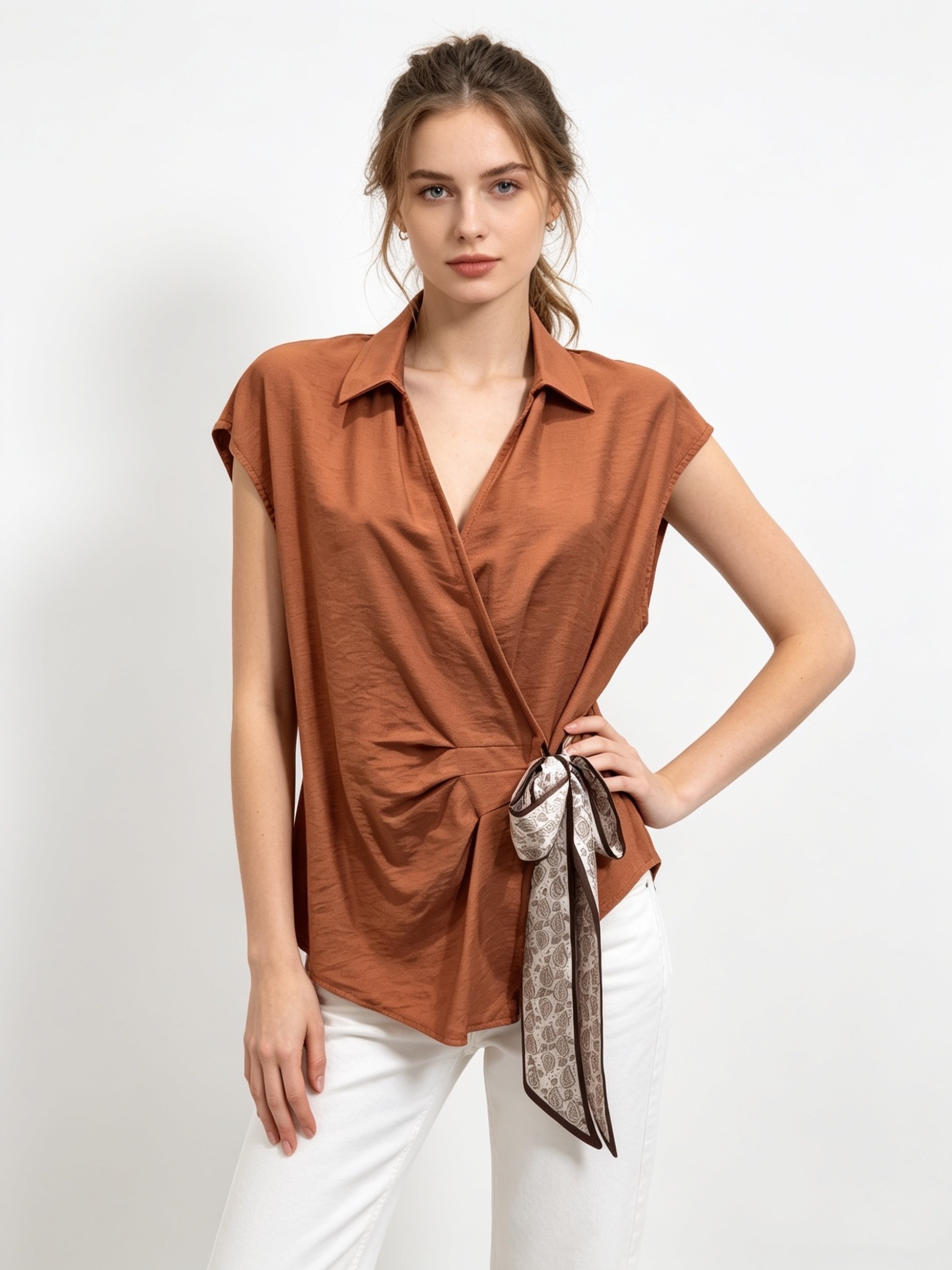 Wholesaler Saeni - Sleeveless blouse in lightweight fabric, featuring a collar and a wrap V-neckline.