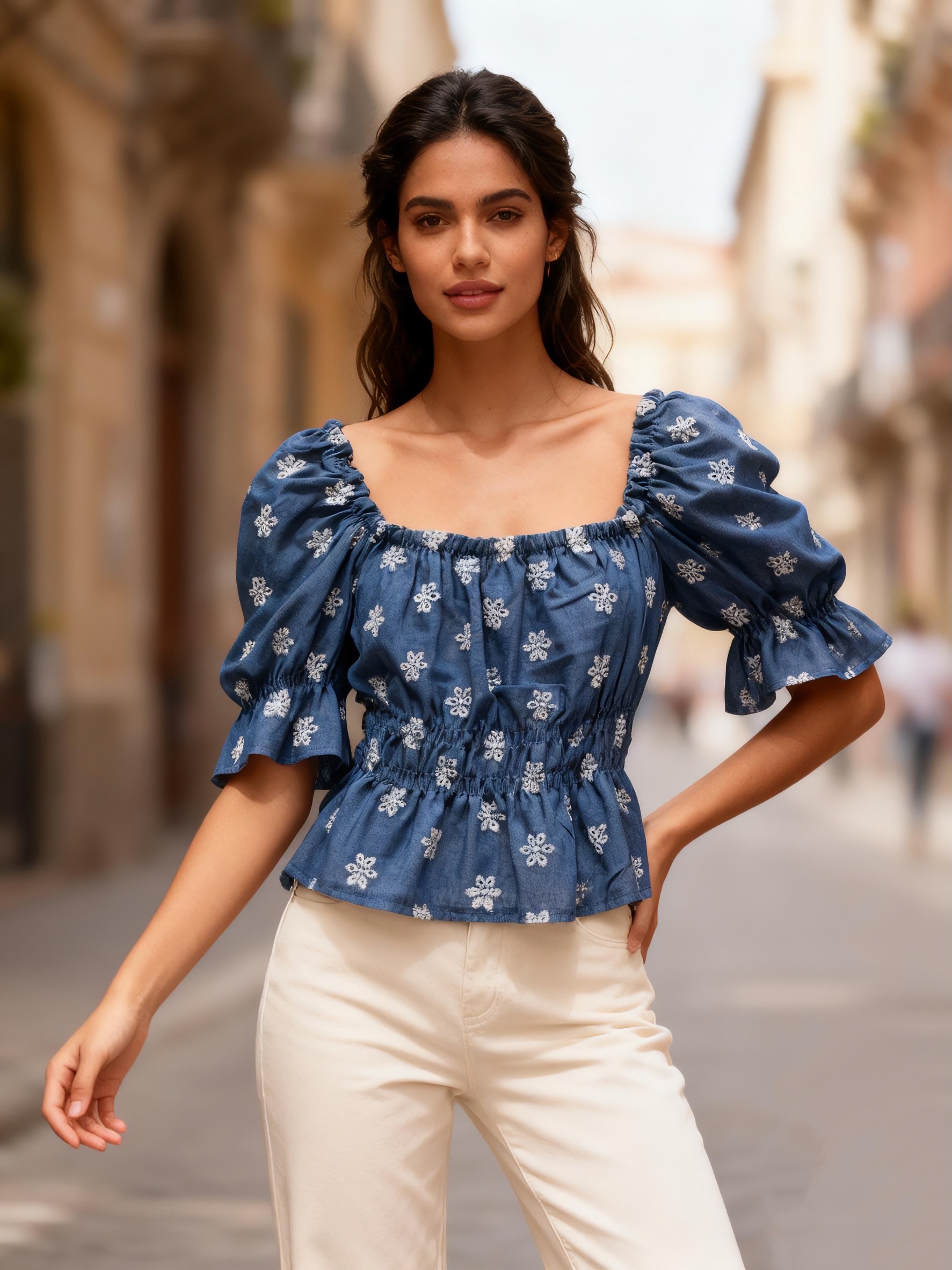 Grossiste Saeni - Pull à manches courtes bouffantes en denim de coton brodé de fleurs