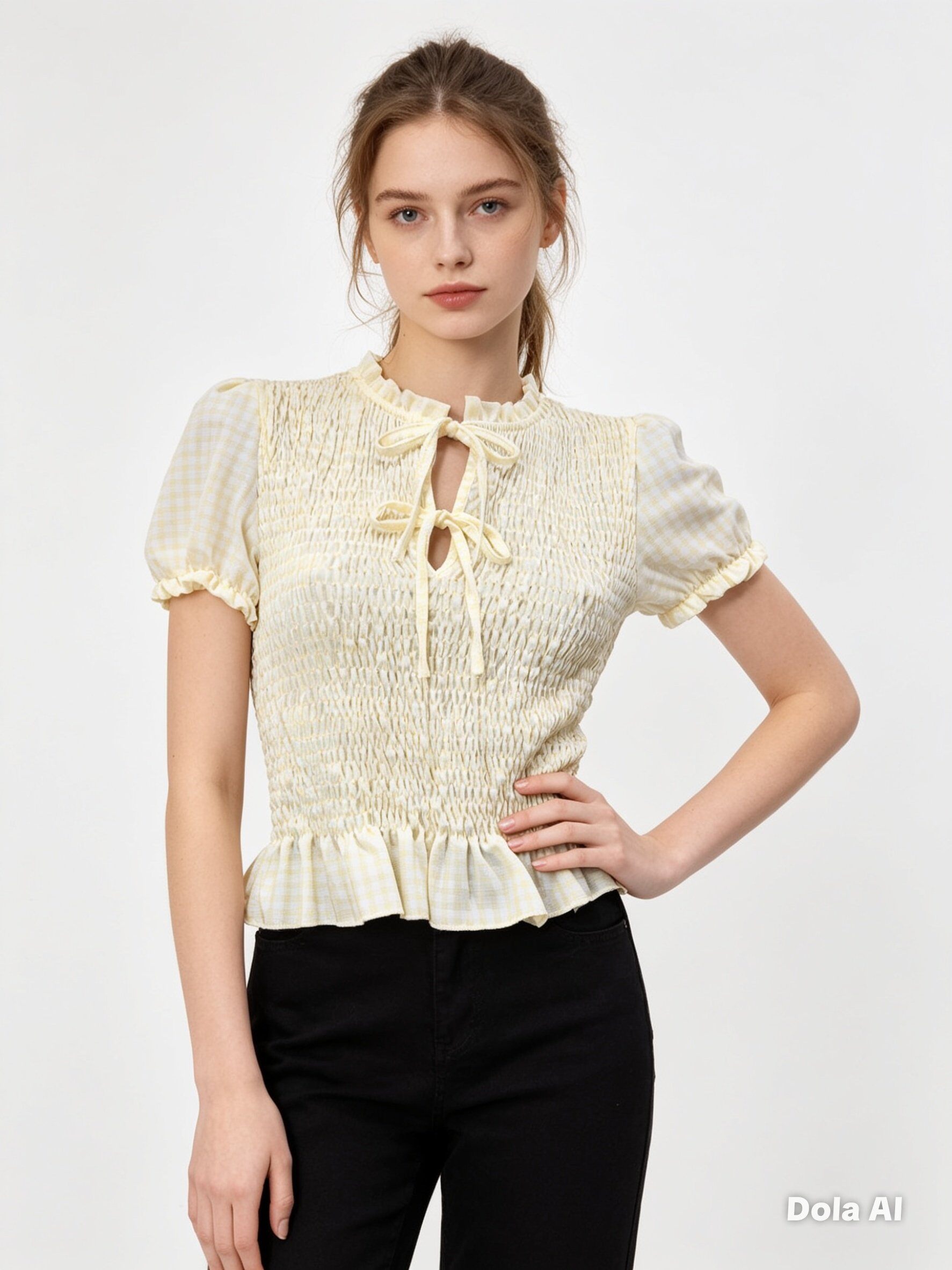 Wholesaler Saeni - Short-sleeve blouse, full construction with elastic pleats, neckline with ribbons and ruffled hem.