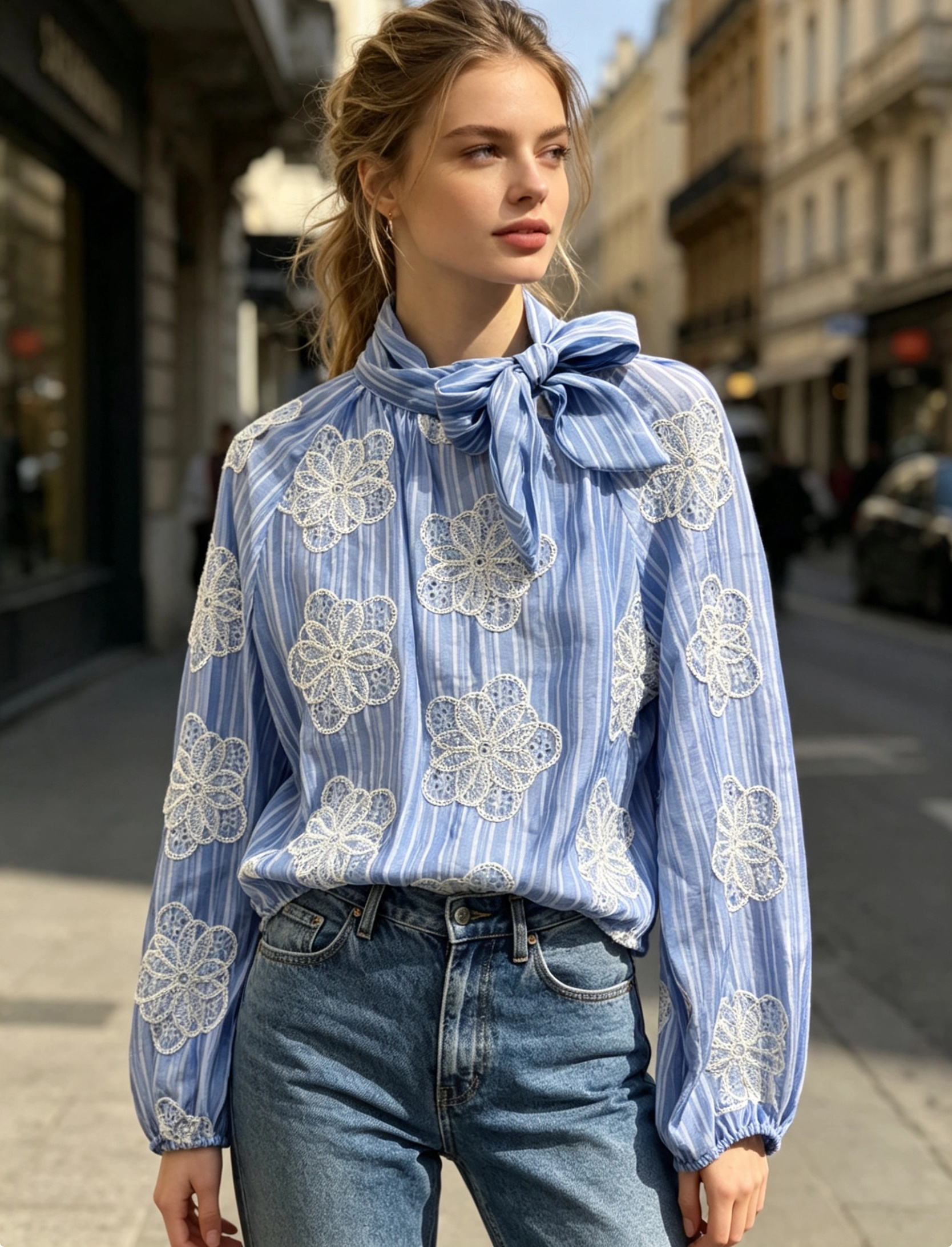 Grossiste Saeni - Chemise en tencel et soie avec manches ballon, broderie florale en coton et nœud au col
