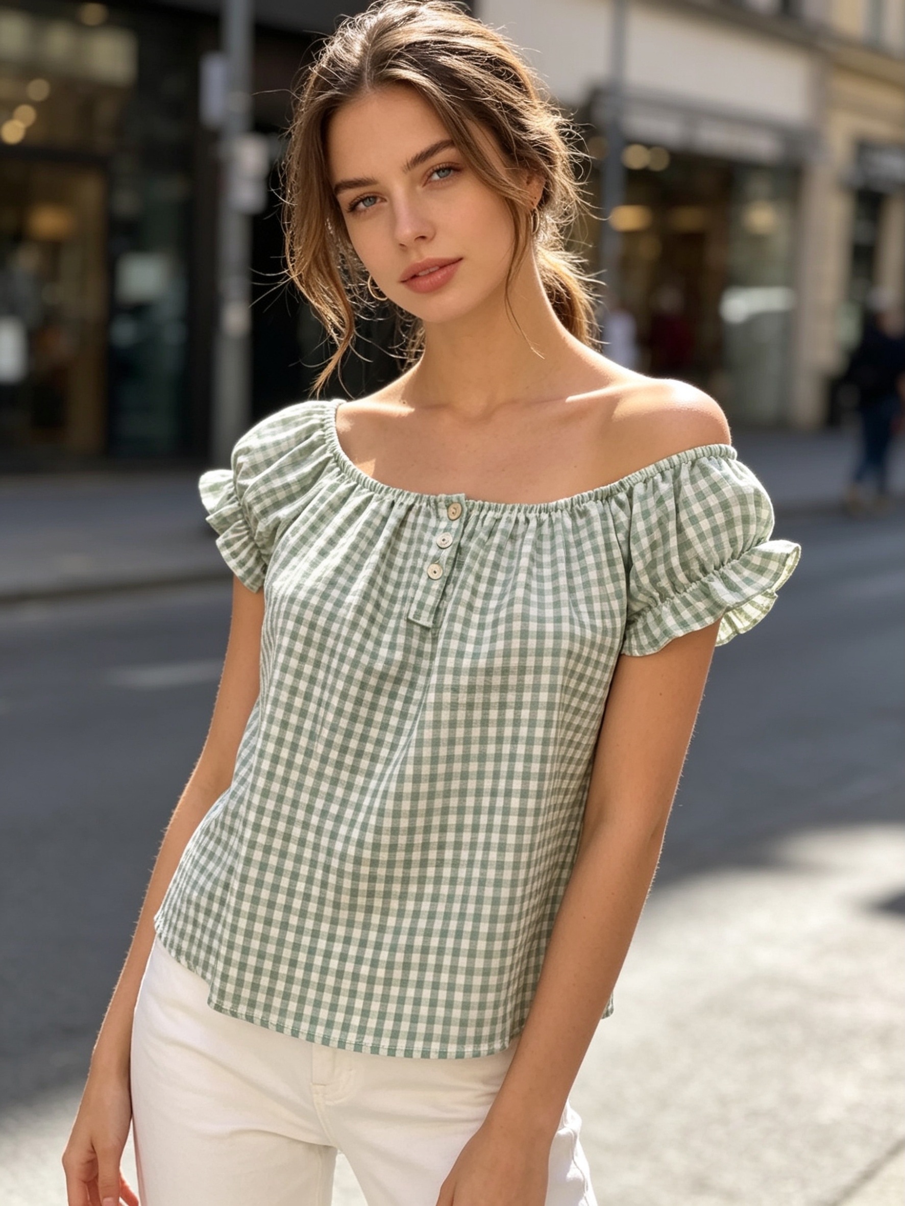 Wholesaler Saeni - Patterned blouse, boat neckline with bare shoulders, short puff sleeves with ruffles and button detail on the front.