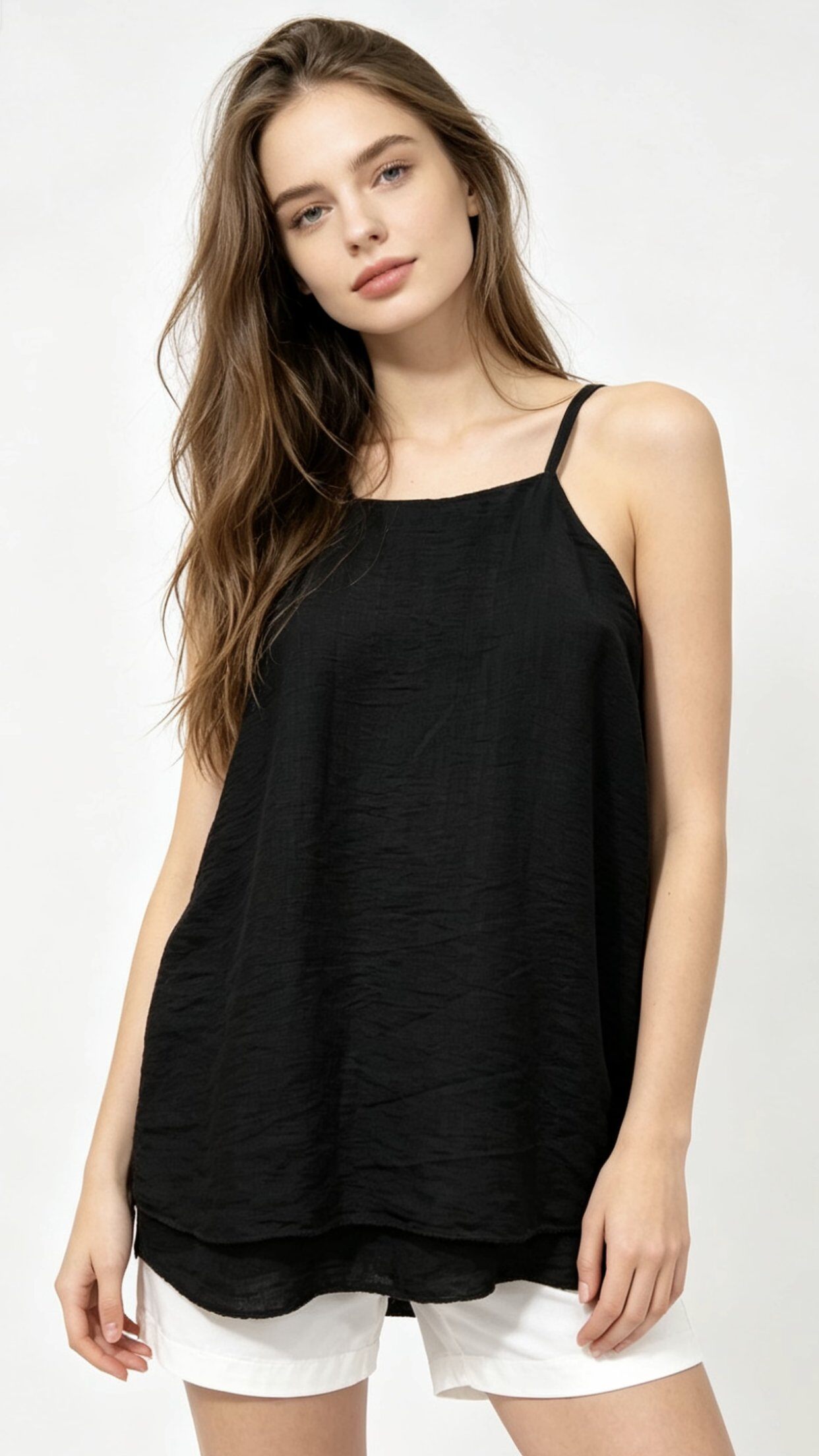 Wholesaler Saeni - This top features a delicate square neckline with thin straps. The double layer at the bottom adds volume and a touch of style.