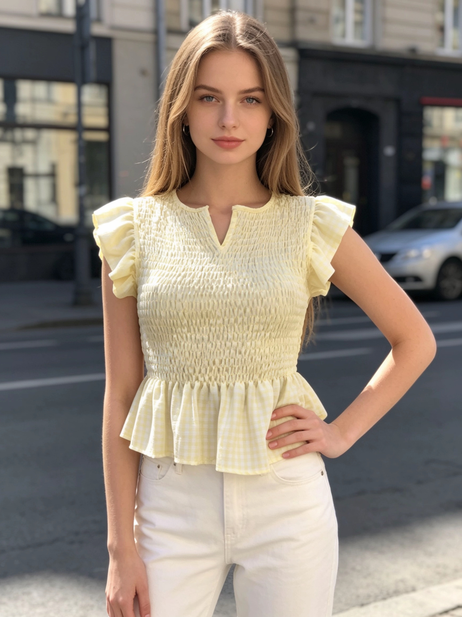 Wholesaler Saeni - Round neckline with a small central V-cut, light and fluttery ruffle sleeves, flared ruffle hem that defines the waist.