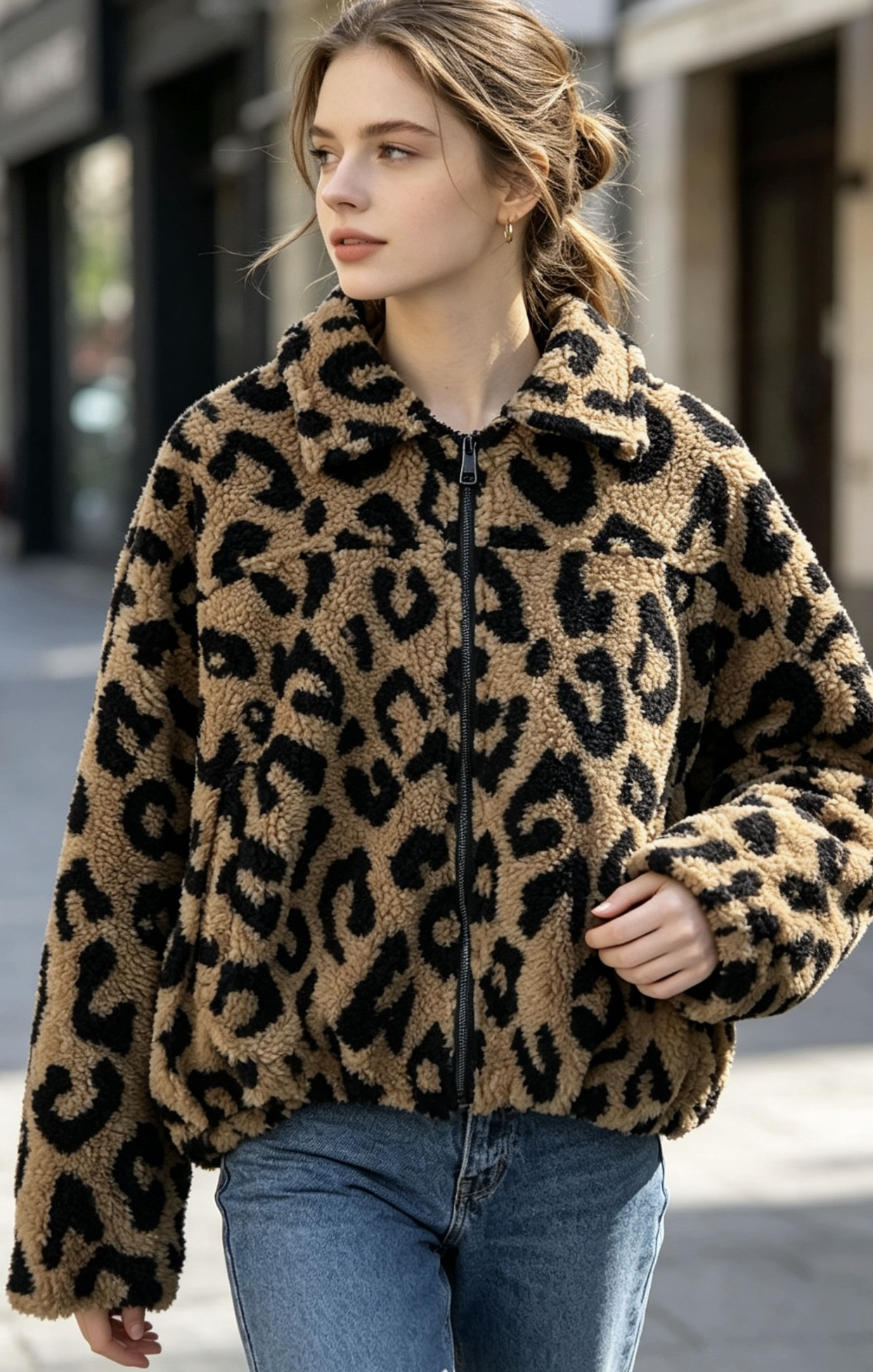 Wholesaler Saeni - OVERSIZED SHORT LEOPARD LAMB JACKET WITH POCKETS AND LINING