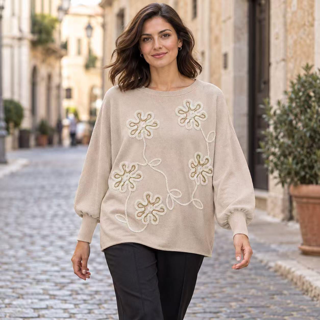 Wholesaler SAIMERME - S’AIMERME Women's Sweater with Floral Embroidery – Crew Neck, Long Sleeve