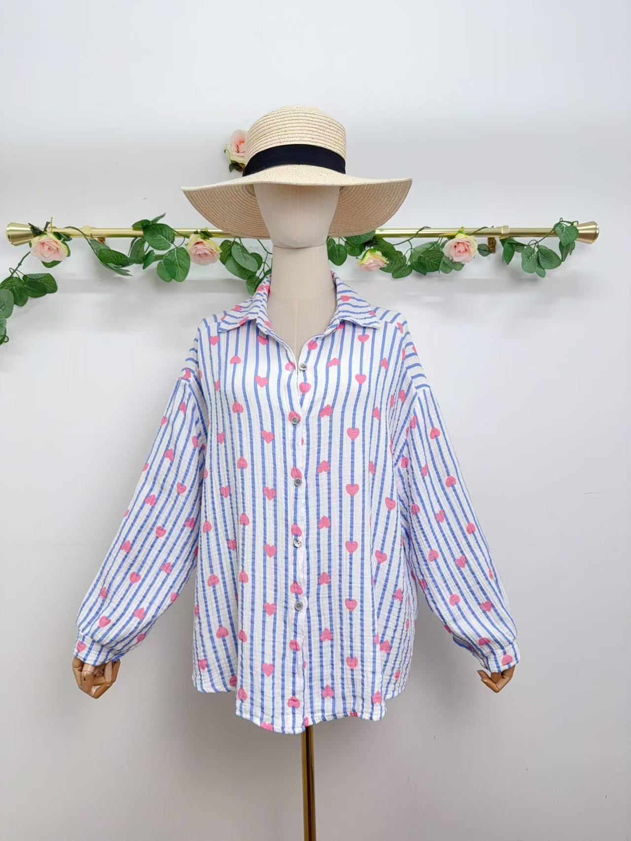 Grossiste Saison du vent - Chemise en gaze coton imprime rayure et cœur