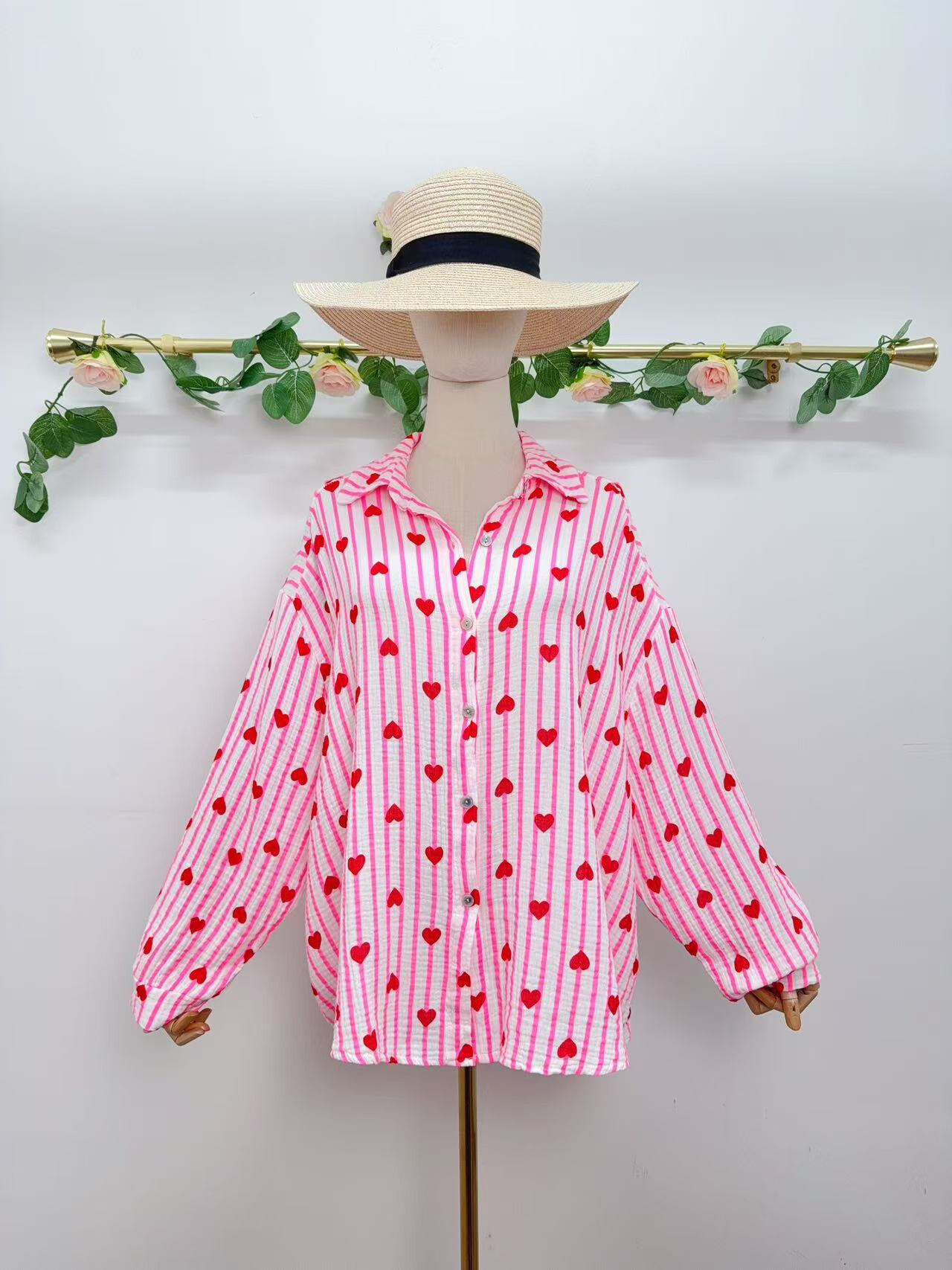Grossiste Saison du vent - Chemise en gaze coton imprime rayure et cœur