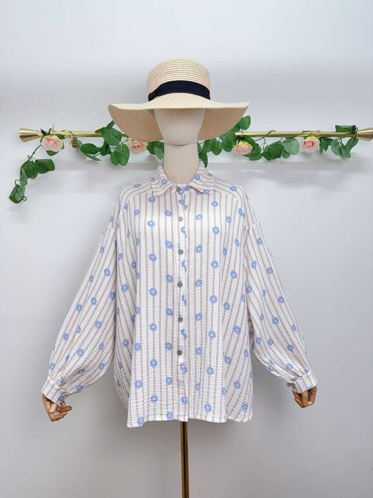 Wholesaler Saison du vent - Cotton gasel shirt print stripe and flower