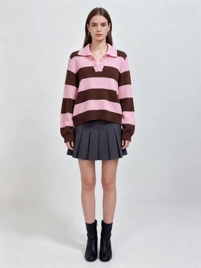 Grossista Saison du vent - Maglione a righe larghe con collo polo Grossista Saison du vent - Maglione a righe larghe con collo polo