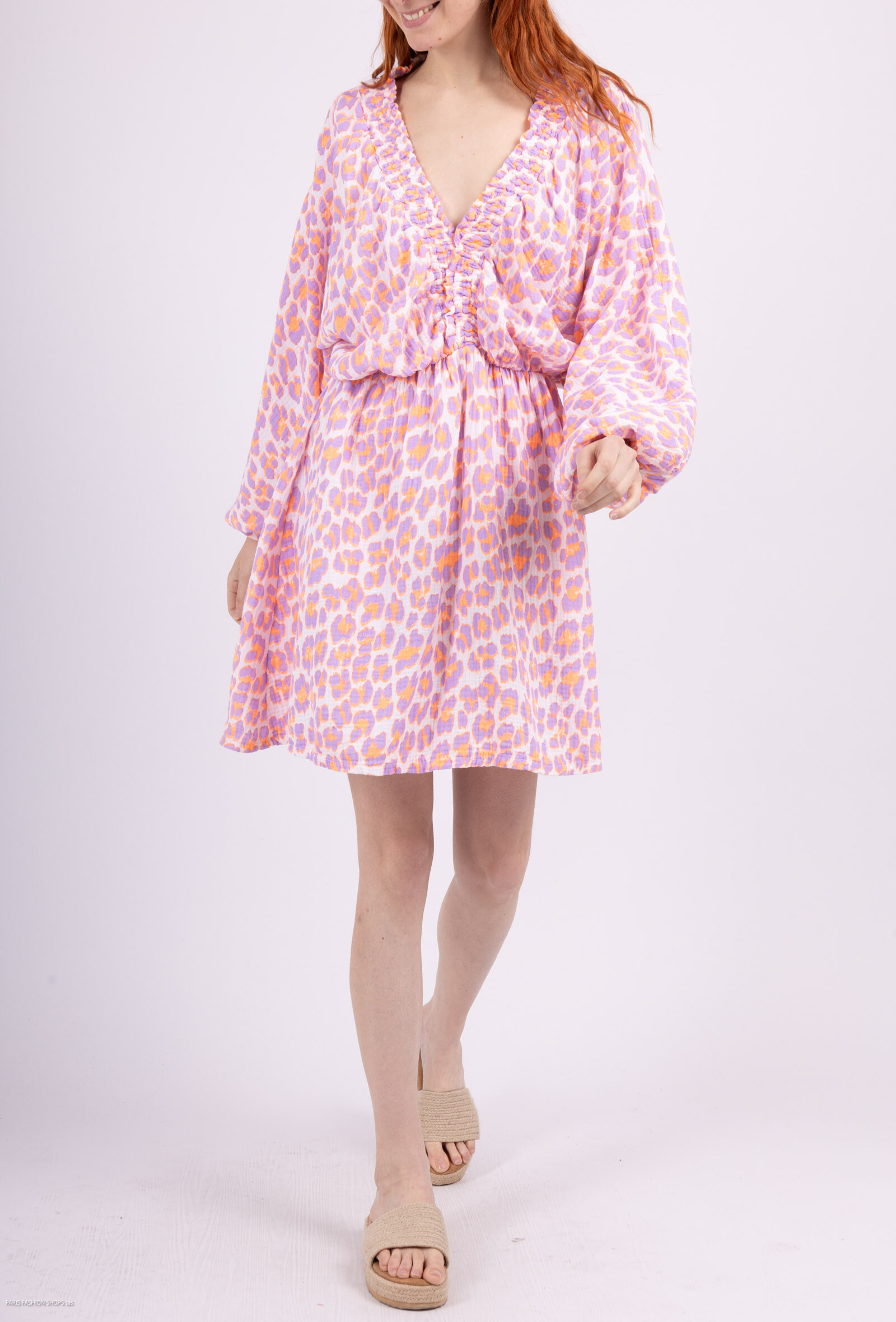 Wholesaler Saison du vent - Short dress in cotton gauze print leopard