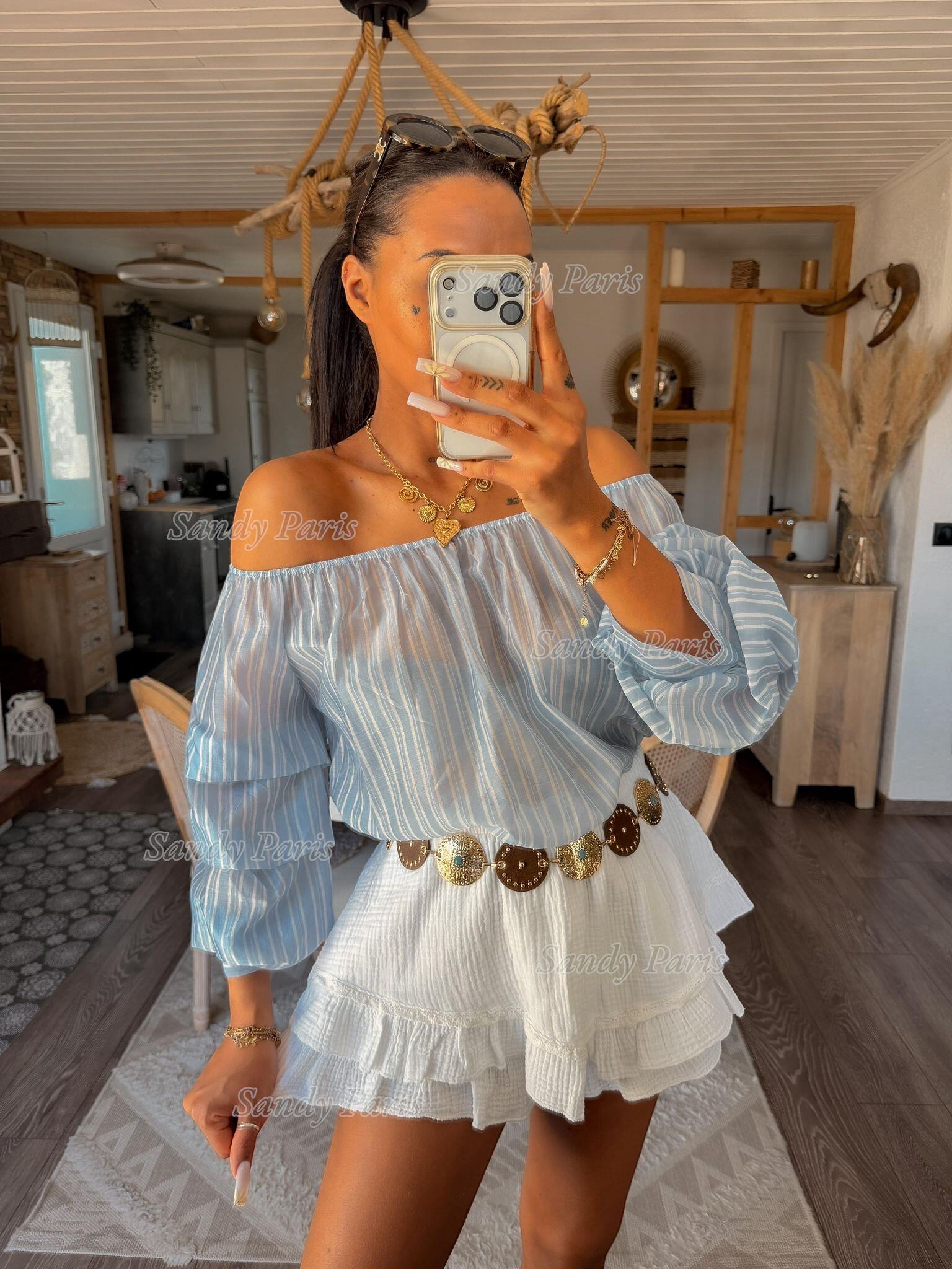 Grossista Sandy Paris - Top a righe con scollo Bardot – Maniche a volant