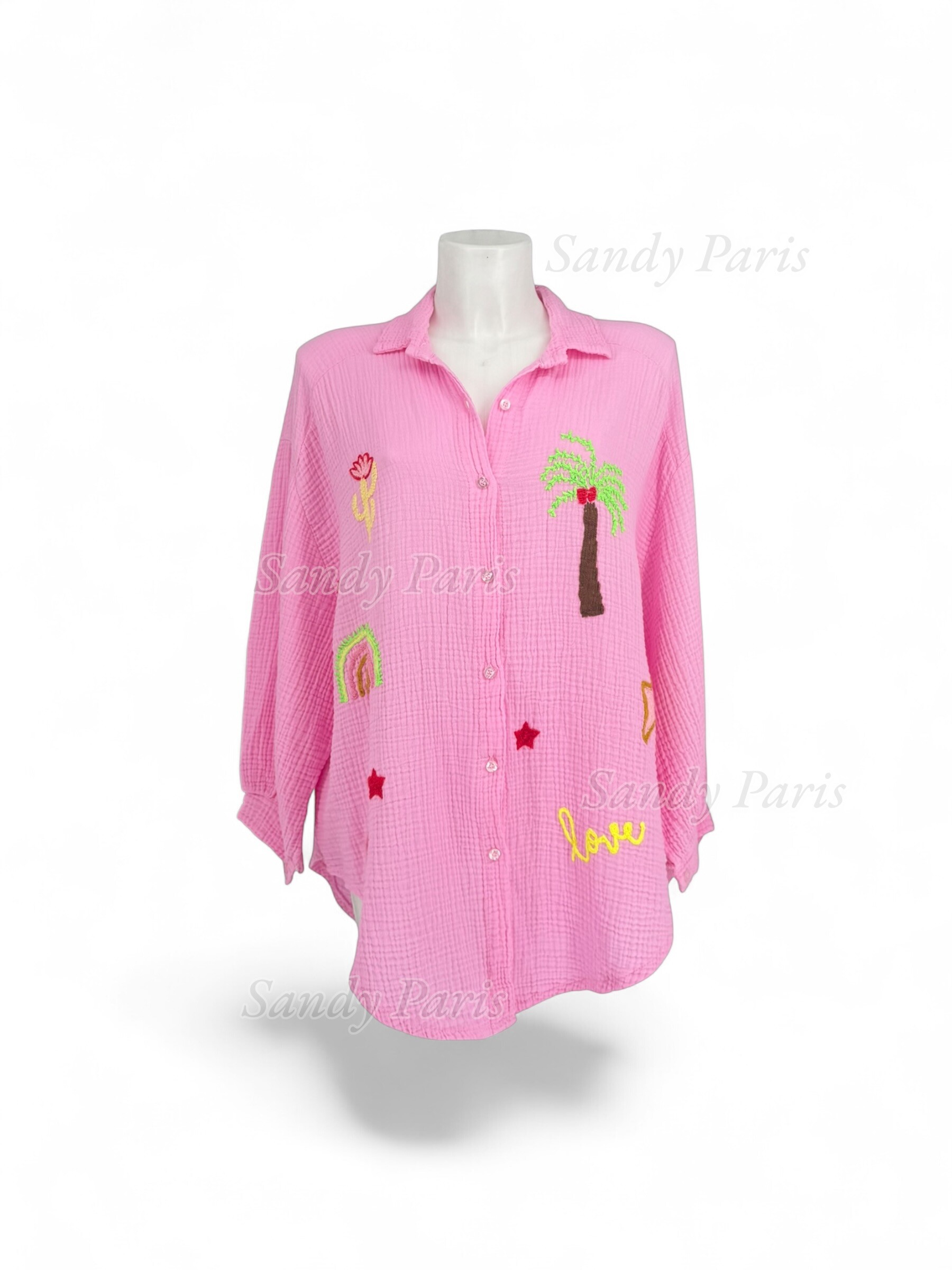 Mayorista Sandy Paris - Camisa de gasa de algodón bordada con patrones coloridos