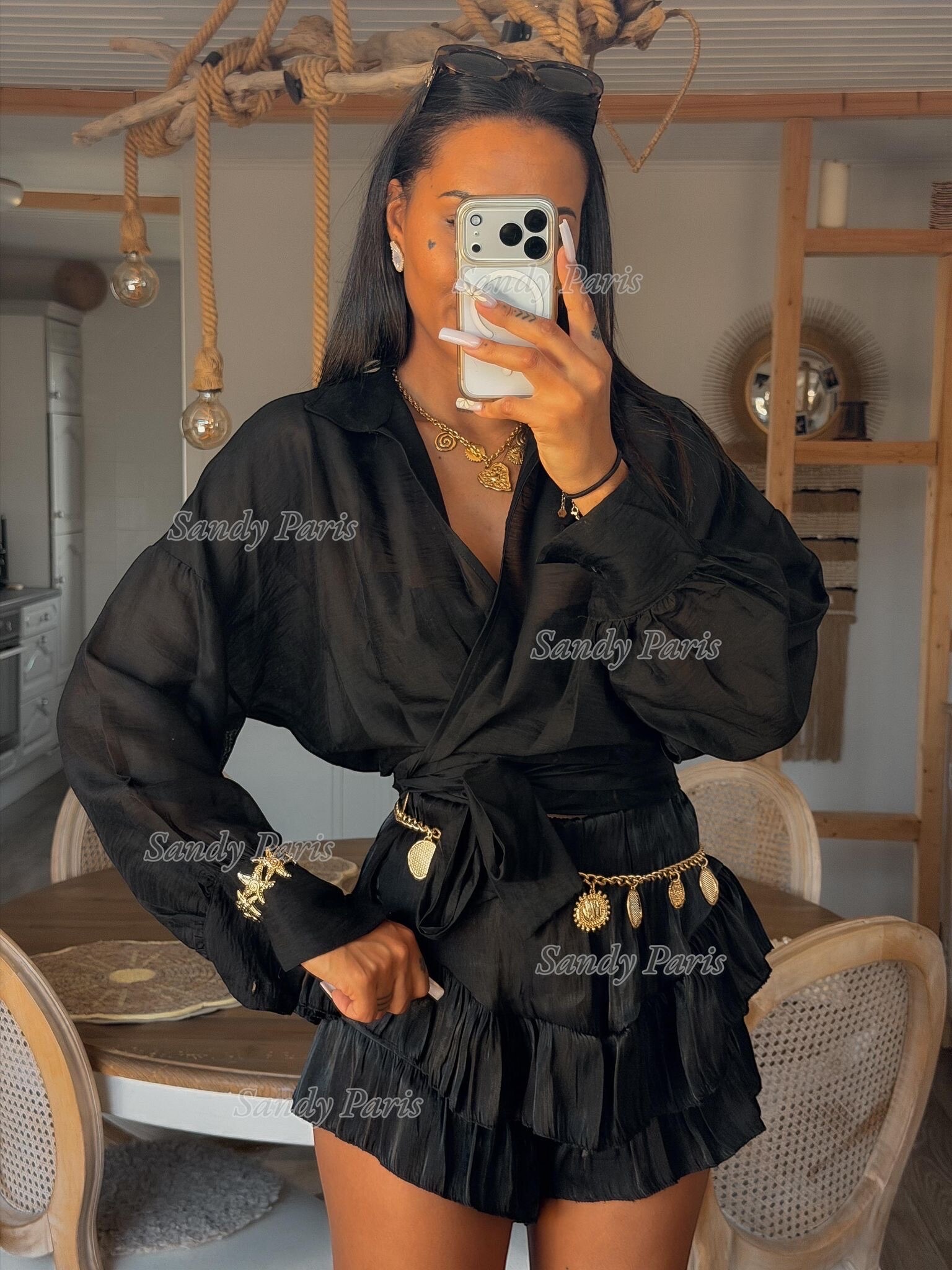 Grossiste Sandy Paris - Chemise cache-cœur à nouer avec manche bouffante