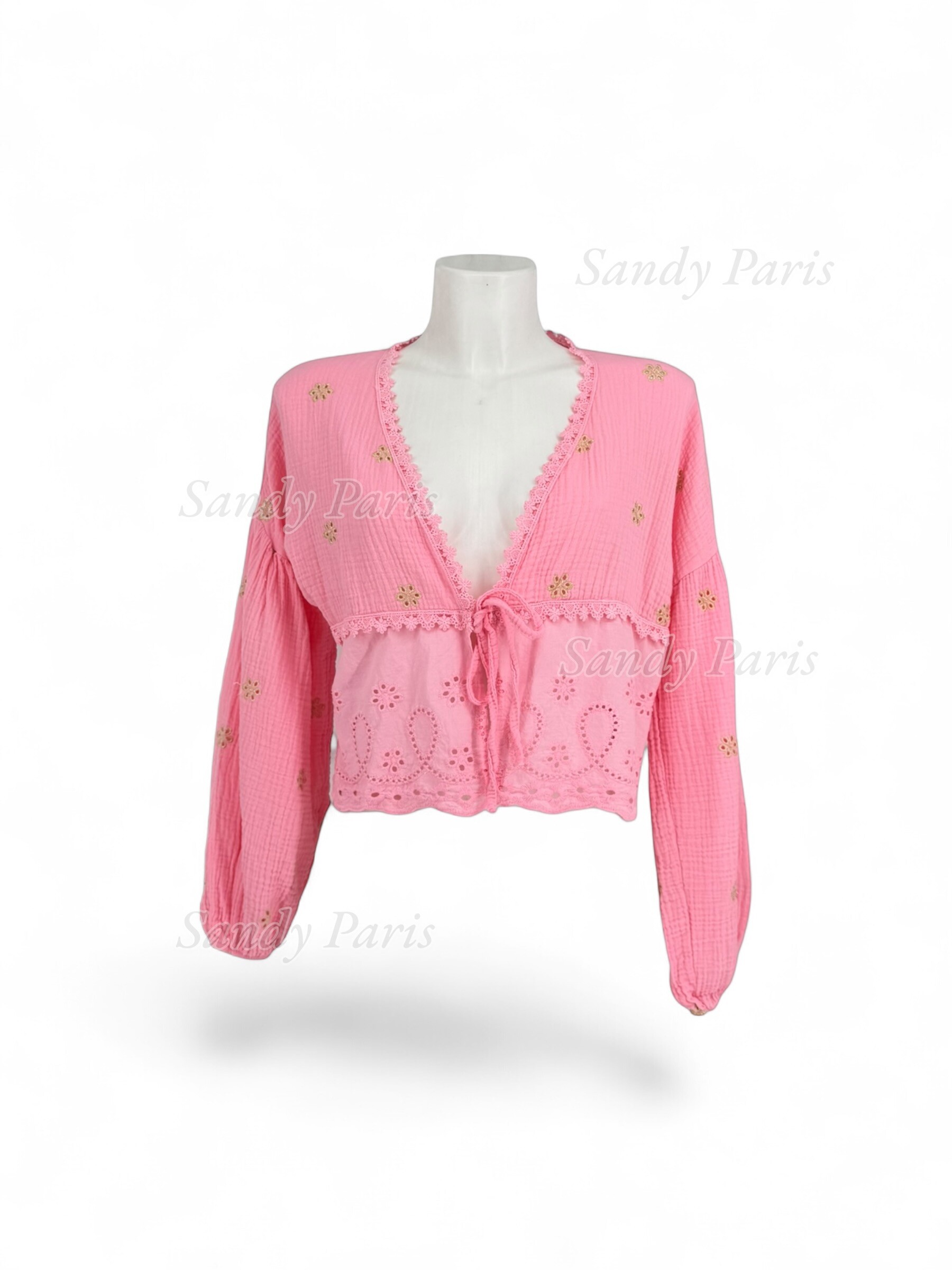 Großhändler Sandy Paris - Kurze Bluse aus besticktem Baumwollgaze mit Bindeband