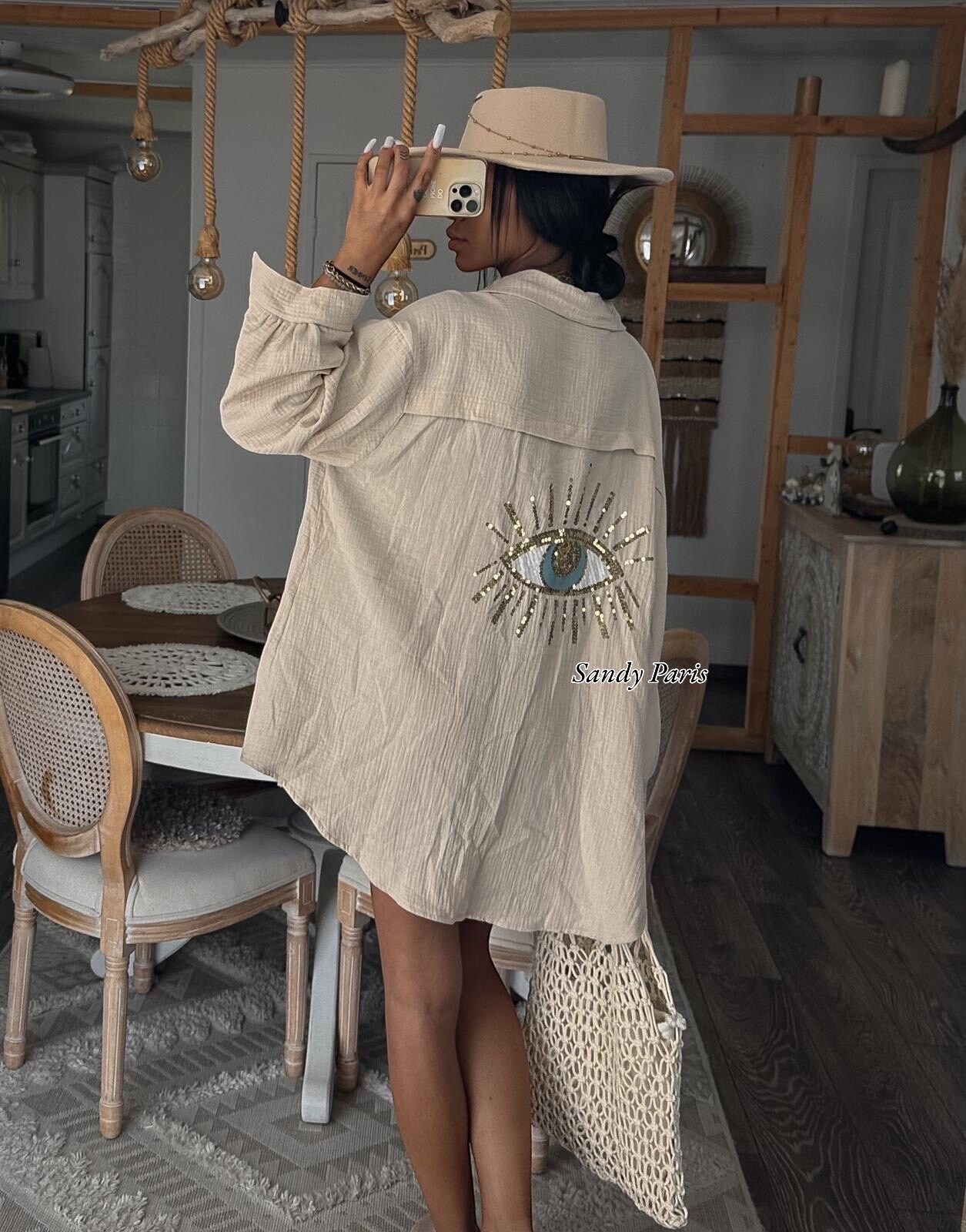 Mayorista Sandy Paris - Camisa Oversize de Gasa de Algodón con Bordado de Ojo Místico