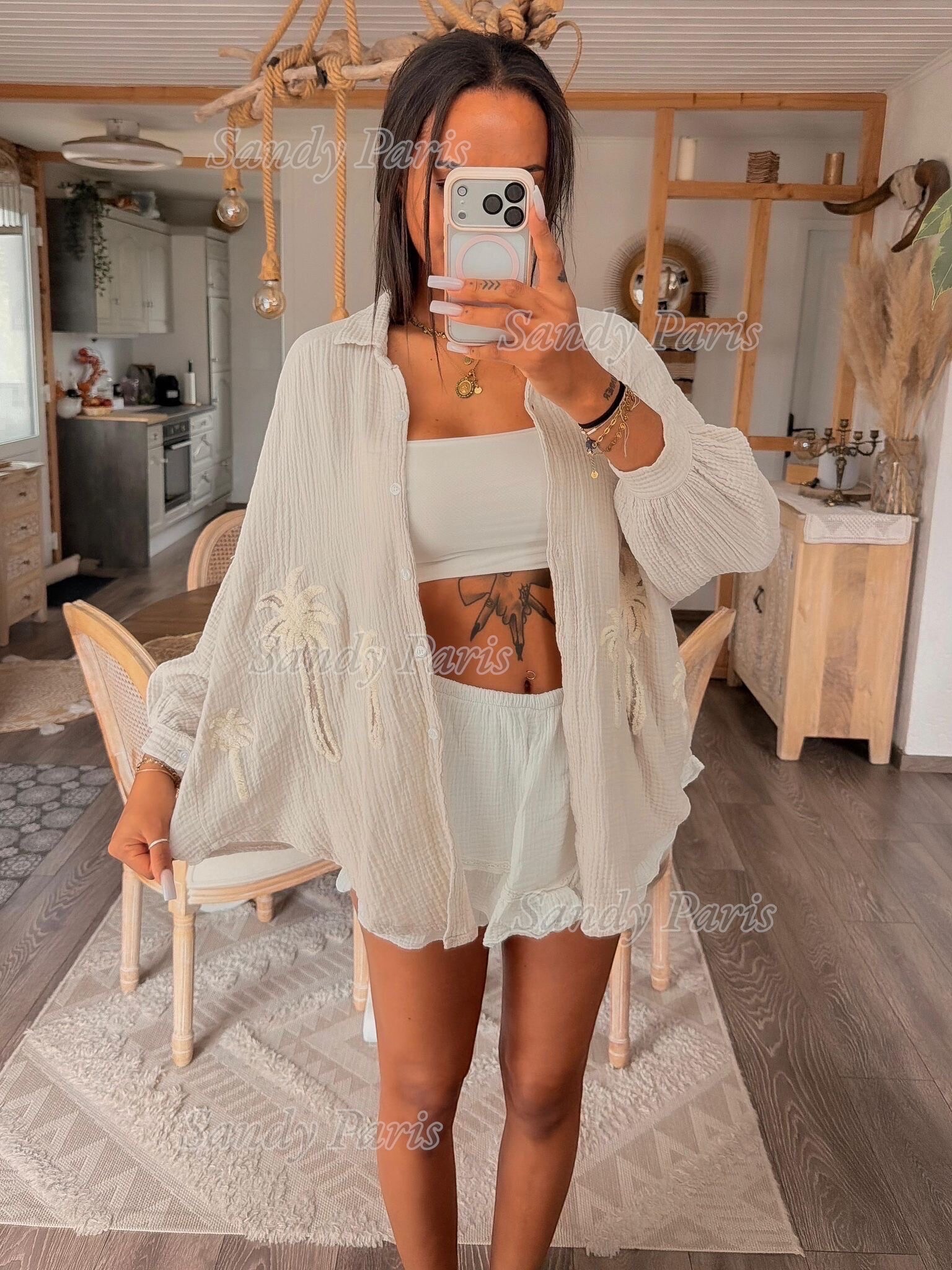 Grossista Sandy Paris - Camicia in Garza di Cotone con Motivo Palme – Stile Estivo