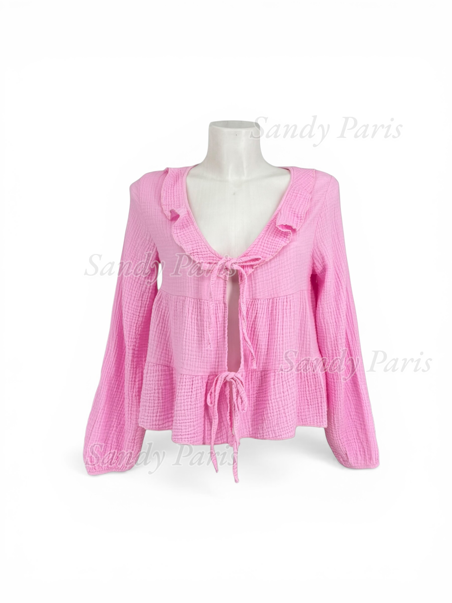 Grossista Sandy Paris - Top in garza di cotone con laccio da annodare e colletto con volant