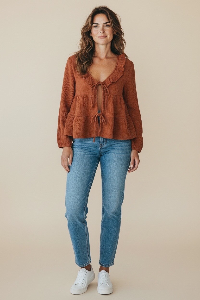 Mayorista Sandy Paris - Top de gasa de algodón con lazo – Cuello con volantes