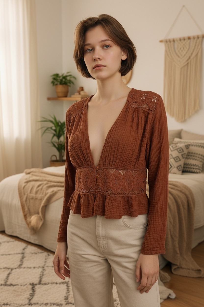 Mayorista Sandy Paris - Blusa fluida con detalles de encaje – Estilo bohemio