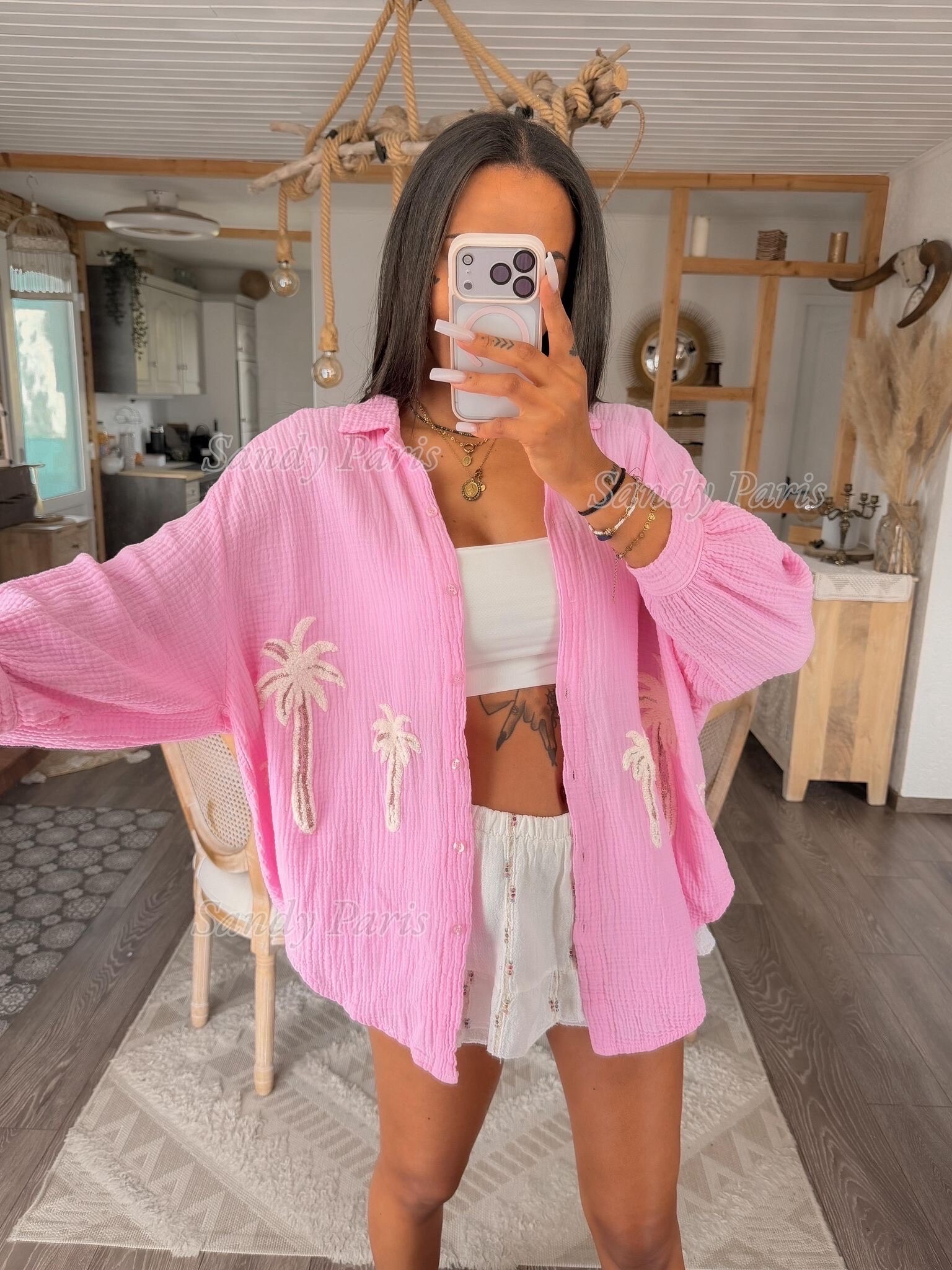 Grossista Sandy Paris - Camicia in Garza di Cotone con Motivo Palme – Stile Estivo