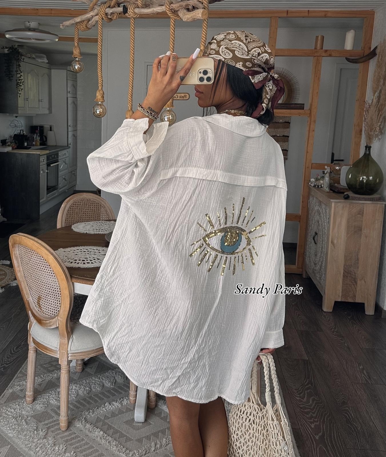 Mayorista Sandy Paris - Camisa Oversize de Gasa de Algodón con Bordado de Ojo Místico
