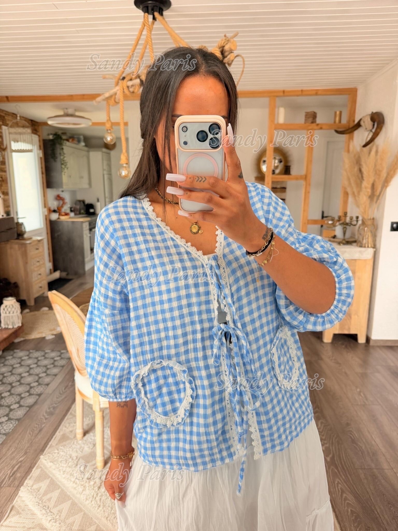 Großhändler Sandy Paris - Vichy-Bluse mit Schleife aus Baumwollgaze