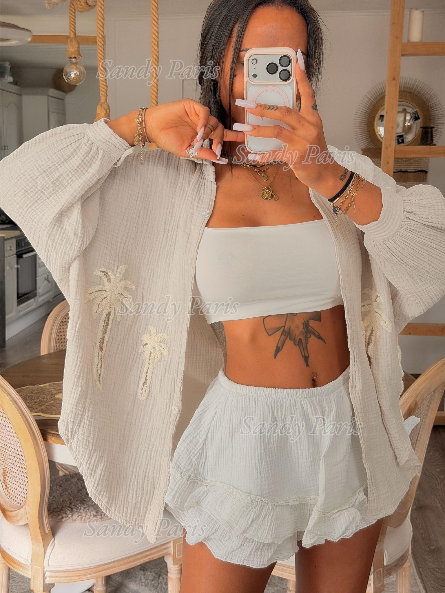 Grossista Sandy Paris - Camicia in Garza di Cotone con Motivo Palme – Stile Estivo