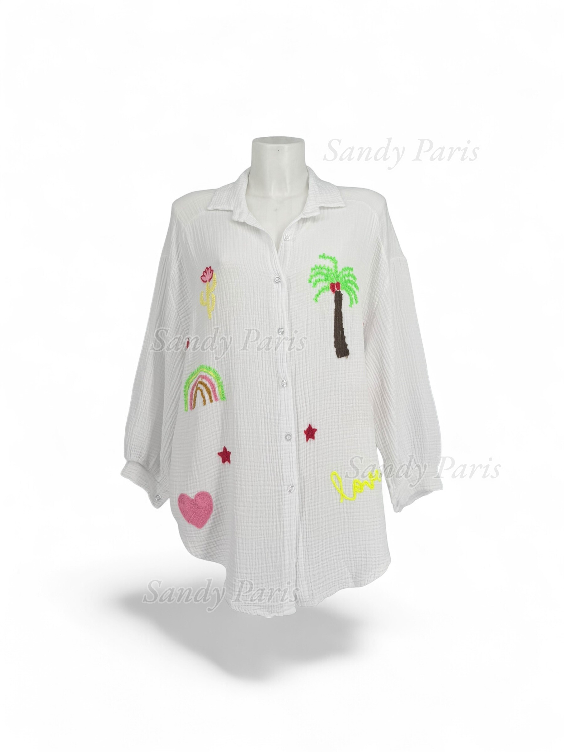Mayorista Sandy Paris - Camisa de gasa de algodón bordada con patrones coloridos