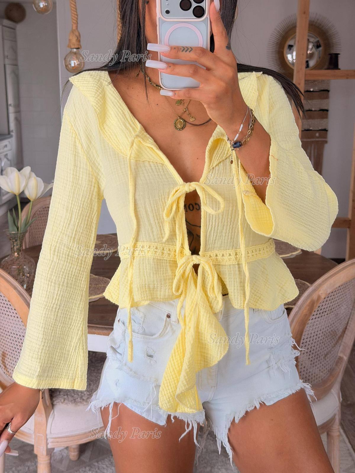 Mayorista Sandy Paris - Top de gasa de algodón para atar – Cuello con volantes
