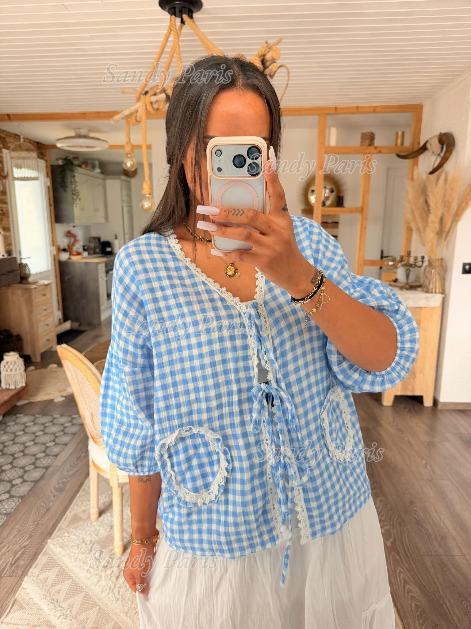 Grossista Sandy Paris - Blusa vichy con fiocco in garza di cotone