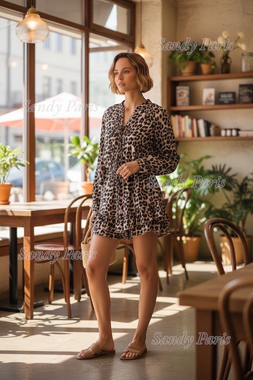 Großhändler Sandy Paris - Kurzer Leoparden-Overall mit Bändern und Rüschen aus Baumwollgaze