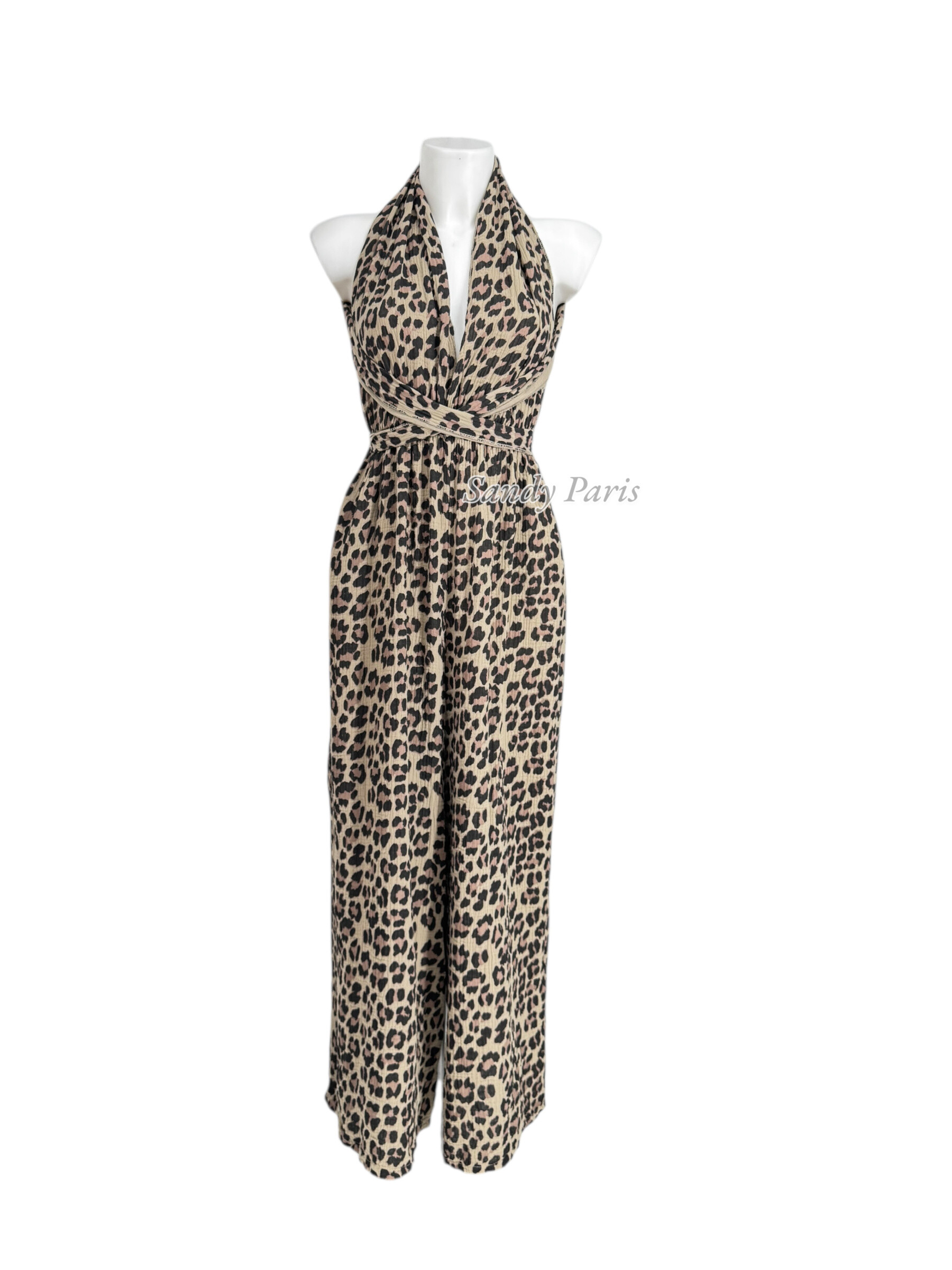 Großhändler Sandy Paris - Rückenfreier Jumpsuit aus Leopardenmuster-Baumwollgaze