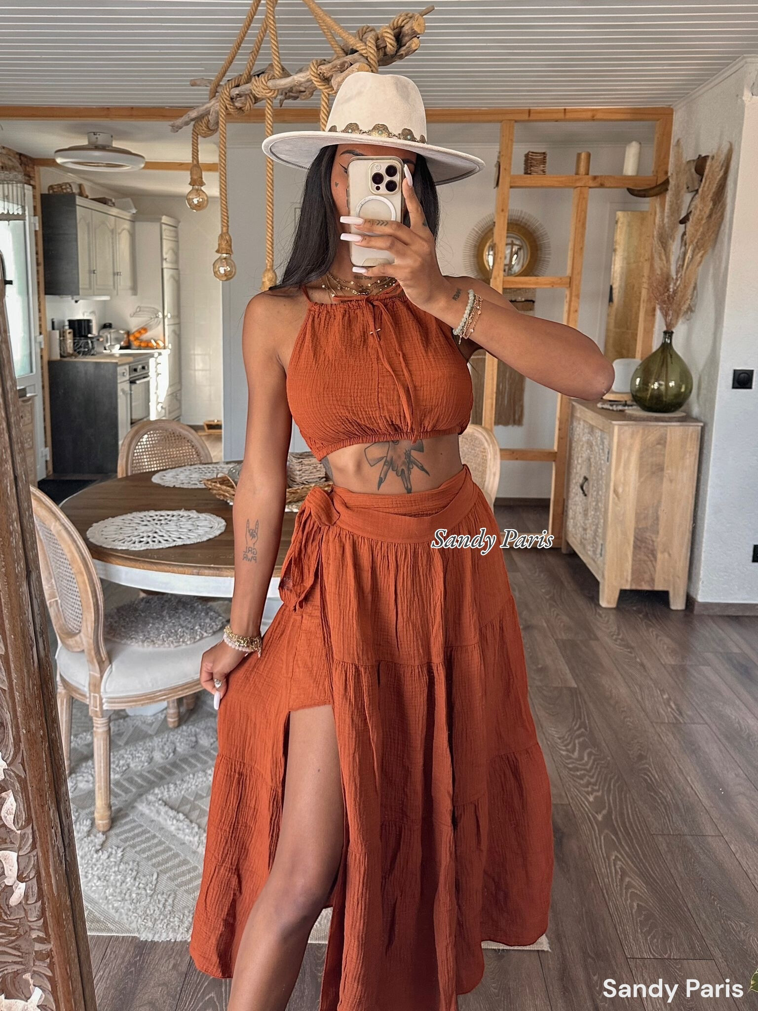 Grossiste Sandy Paris - Ensemble Bohème en Coton Gaze - Top et Jupe Fendue